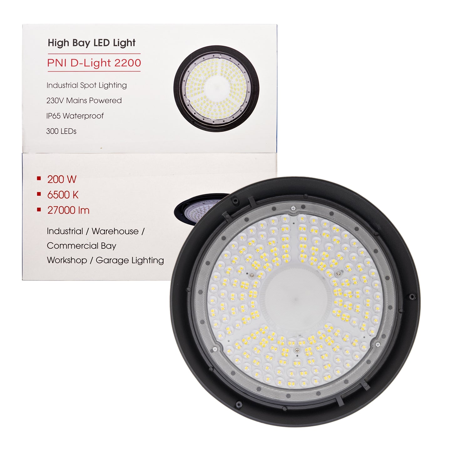 Lampa LED PNI D-Light 2200 tip High Bay, 200W, 27000lm, rotunda 32 cm, 6500K, alimentare 230 V, IP65, pentru iluminat industrial in spatii cu inaltime mare