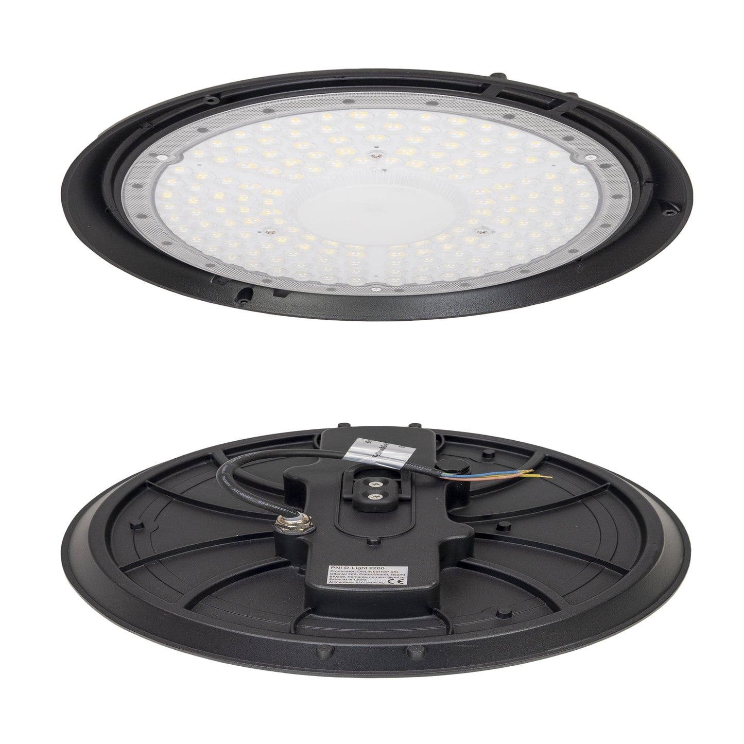 Lampa LED PNI D-Light 2200 tip High Bay, 200W, 27000lm, rotunda 32 cm, 6500K, alimentare 230 V, IP65, pentru iluminat industrial in spatii cu inaltime mare