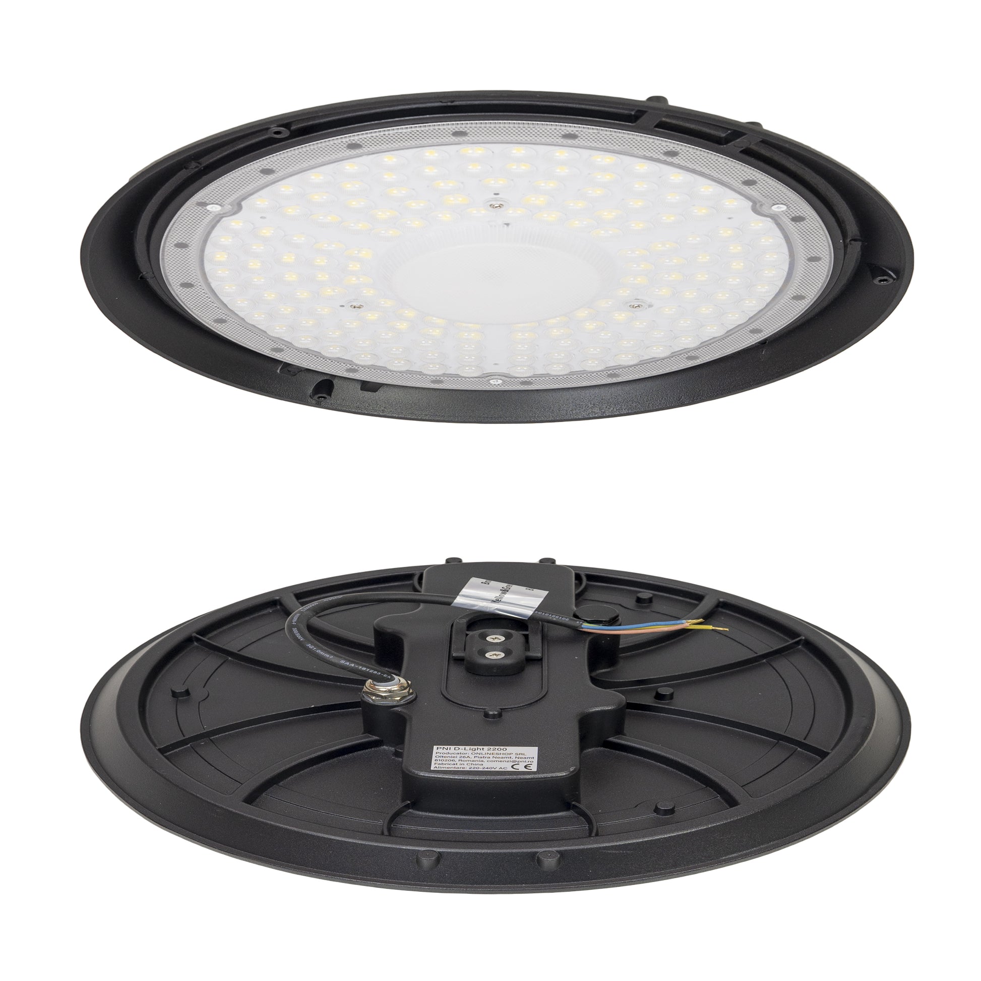 Lampa LED PNI D-Light 2200 tip High Bay, 200W, 27000lm, rotunda 32 cm, 6500K, alimentare 230 V, IP65, pentru iluminat industrial in spatii cu inaltime mare