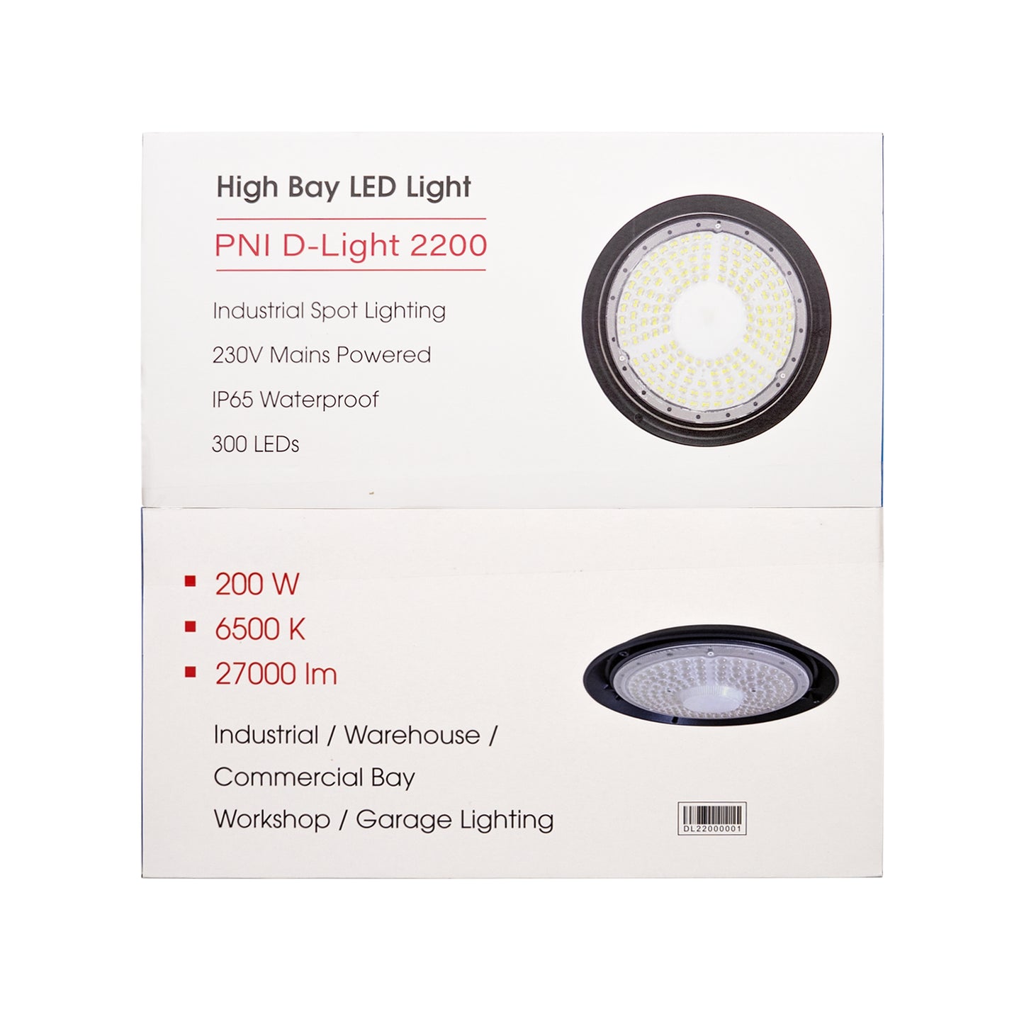 Lampa LED PNI D-Light 2200 tip High Bay, 200W, 27000lm, rotunda 32 cm, 6500K, alimentare 230 V, IP65, pentru iluminat industrial in spatii cu inaltime mare