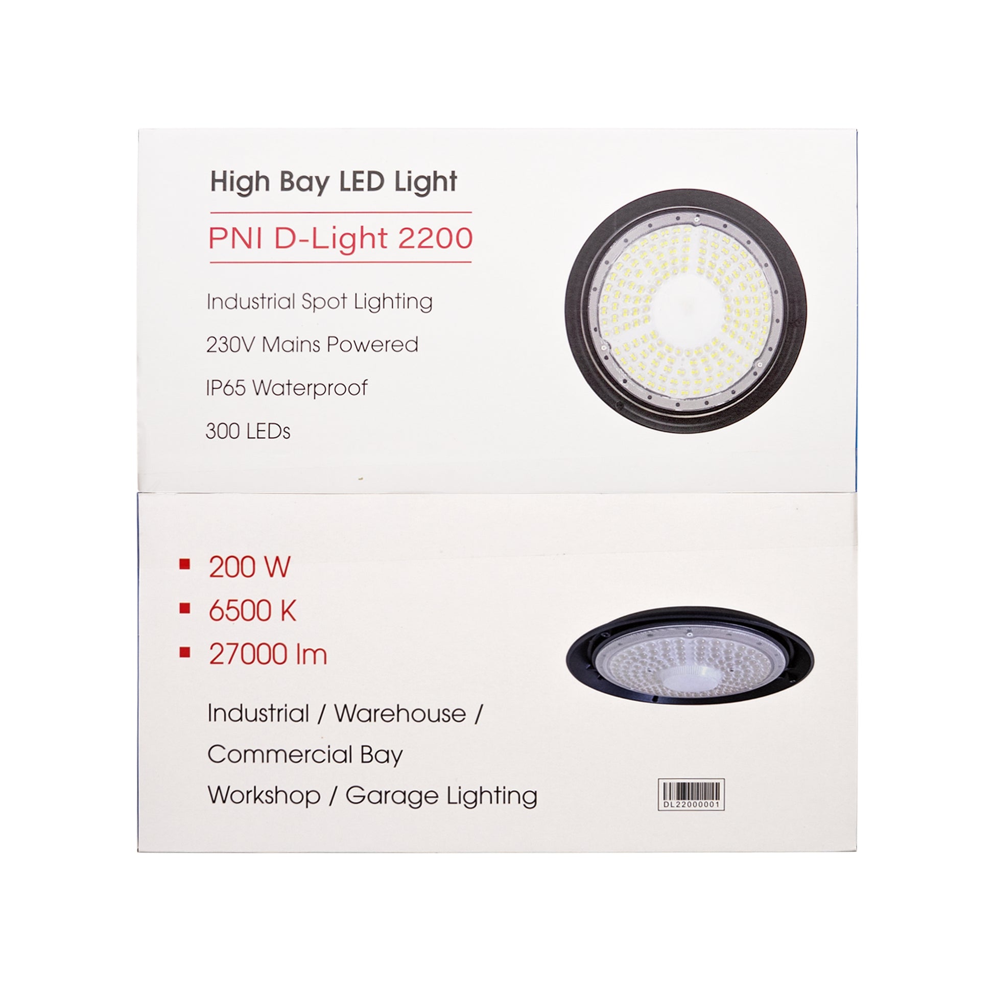 Lampa LED PNI D-Light 2200 tip High Bay, 200W, 27000lm, rotunda 32 cm, 6500K, alimentare 230 V, IP65, pentru iluminat industrial in spatii cu inaltime mare