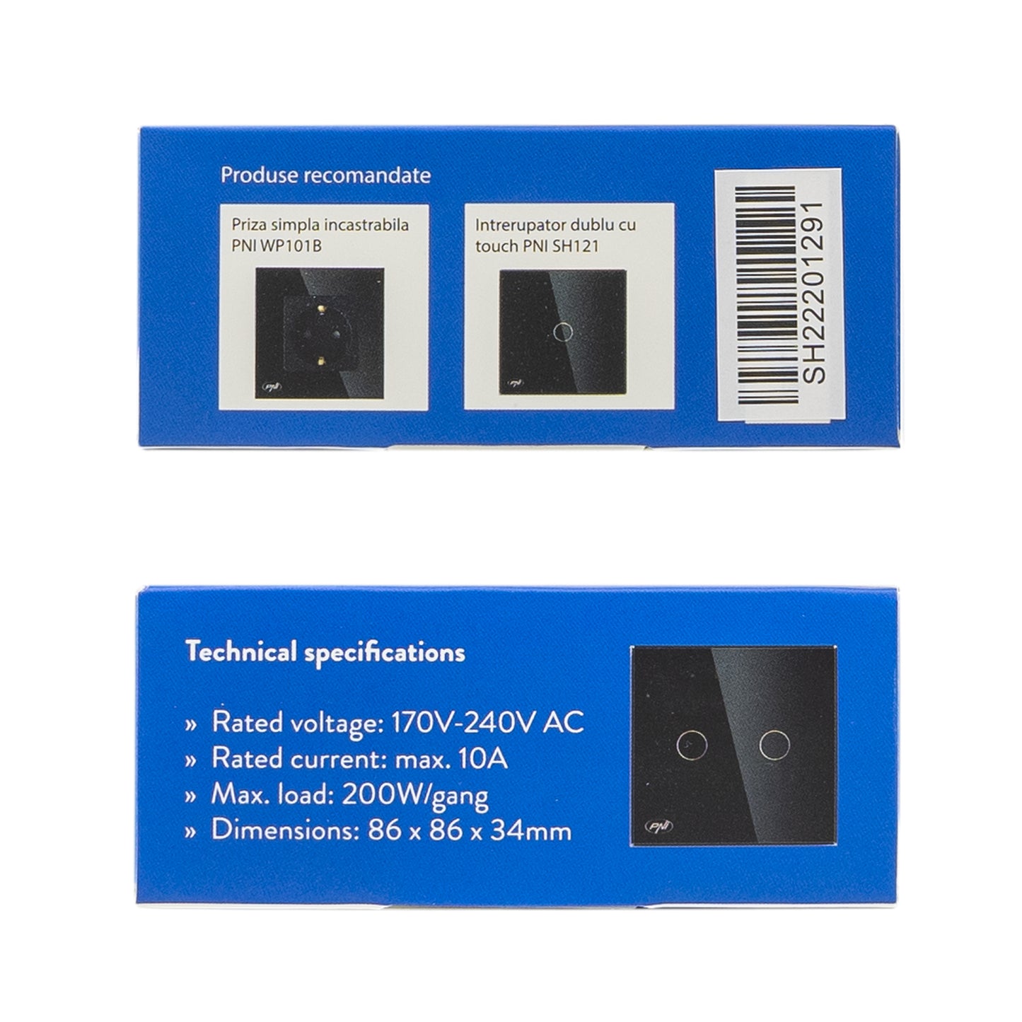 Intrerupator dublu cu touch PNI SH222 din sticla, negru cu LED indicator, 10A, 2X200W