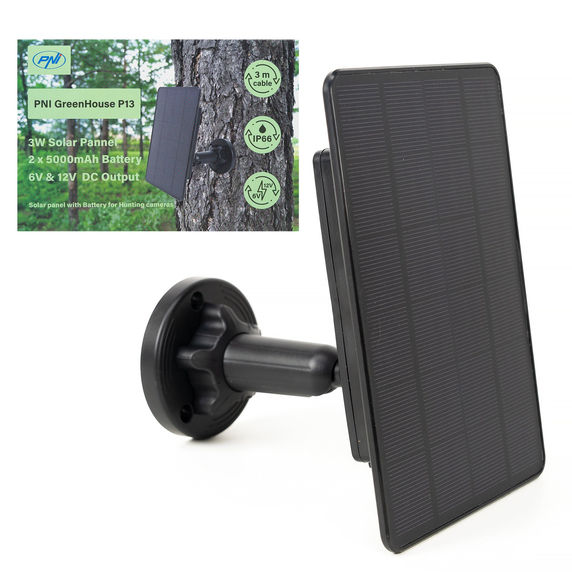 Incarcator solar PNI GreenHouse P13 iesire 6V si 12V, 3W, acumulator Li-Ion 5200 mAh, IP66 pentru camere de vanatoare