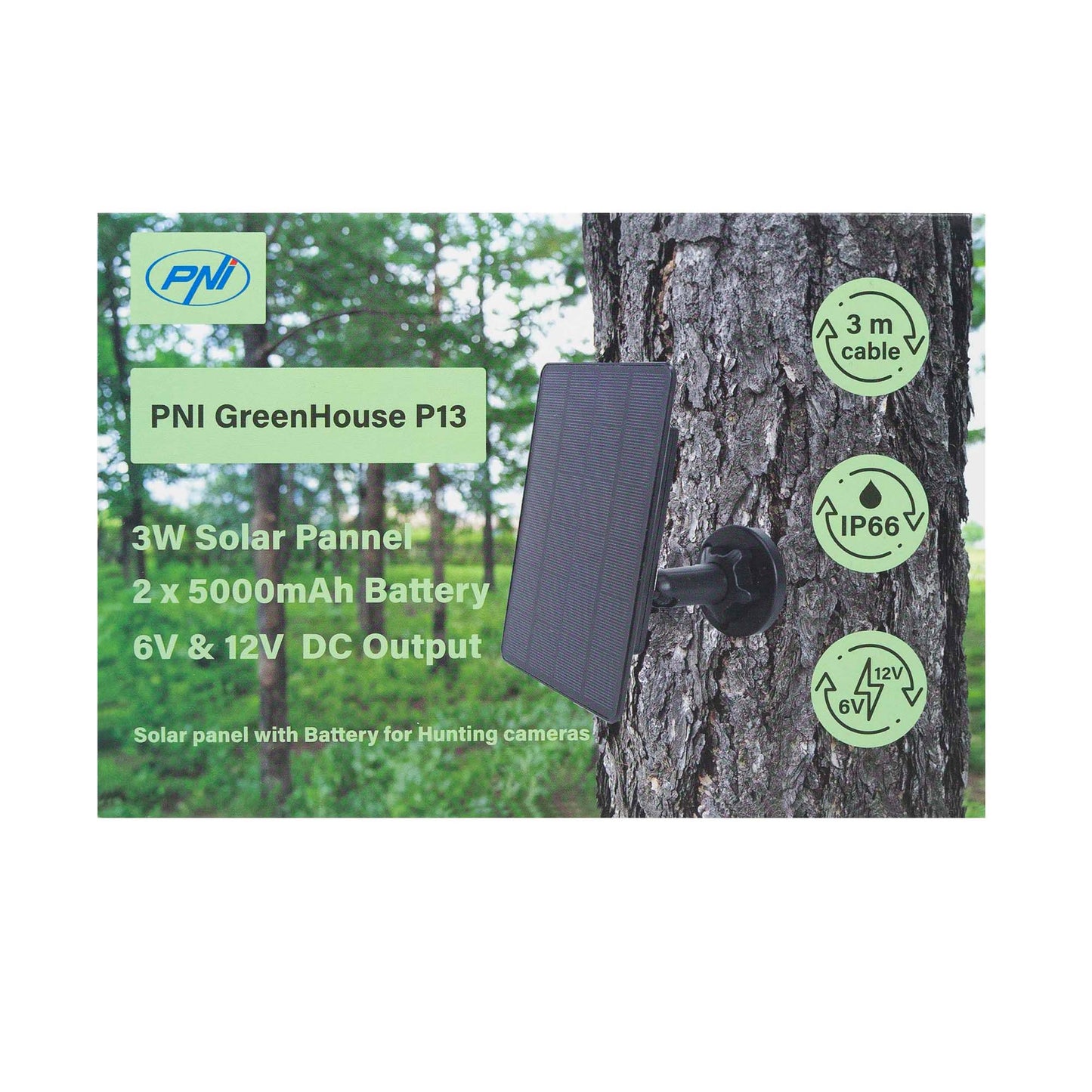 Incarcator solar PNI GreenHouse P13 iesire 6V si 12V, 3W, acumulator Li-Ion 5200 mAh, IP66 pentru camere de vanatoare