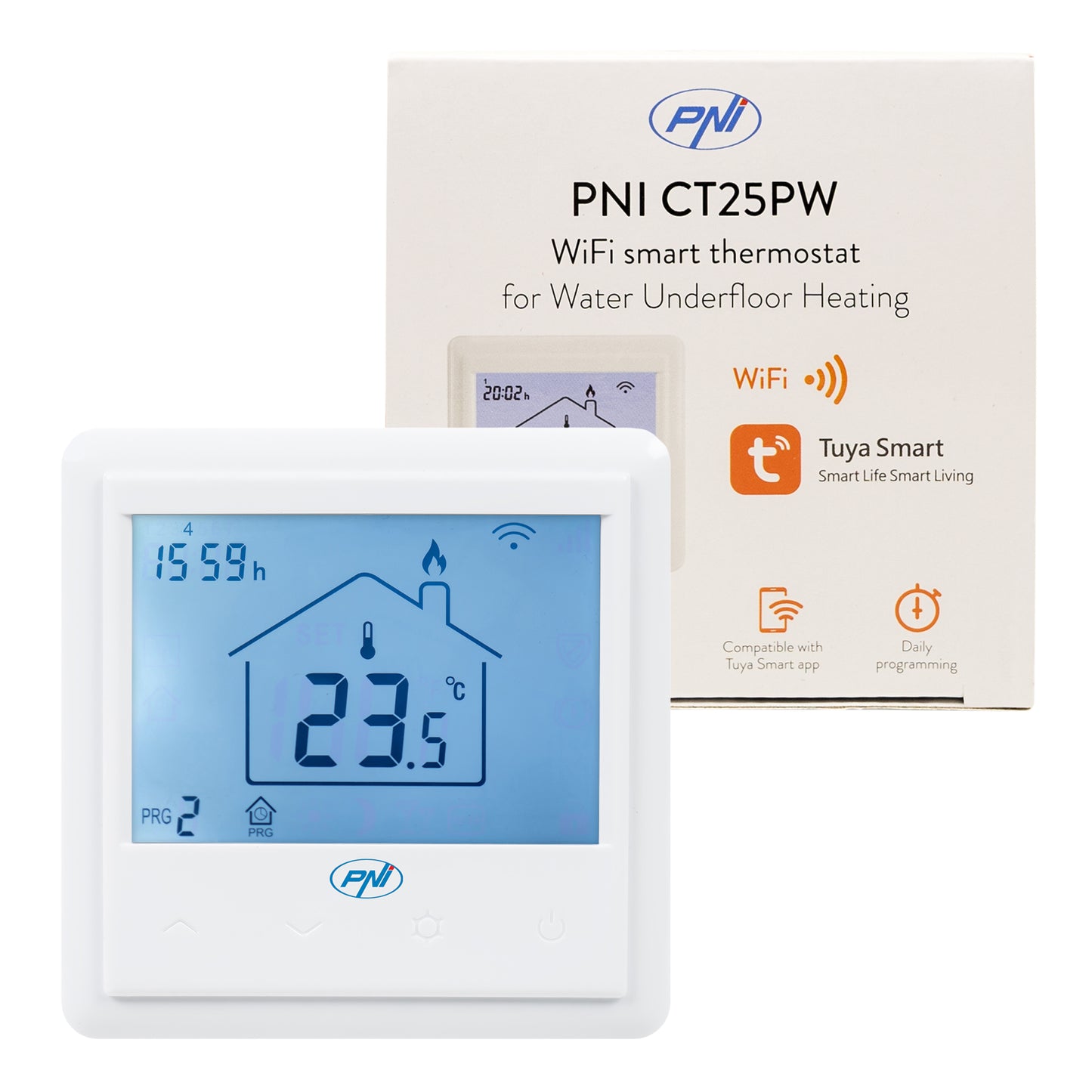 Termostat inteligent incastrabil PNI CT25PW WiFi, control prin internet, incalzire cu apa in pardoseala, actuatoare, pompe, centrala, aplicatie mobil Tuya Smart, integrare in scenarii smart cu alte produse compatibile Tuya, Alexa, Google Home