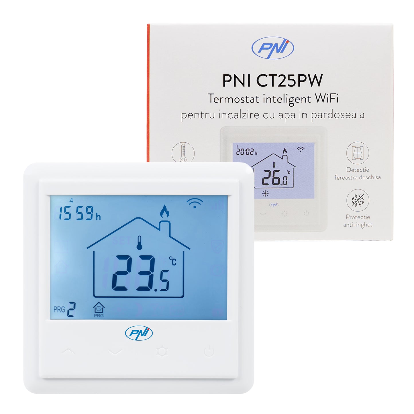Termostat inteligent incastrabil PNI CT25PW WiFi, control prin internet, incalzire cu apa in pardoseala, actuatoare, pompe, centrala, aplicatie mobil Tuya Smart, integrare in scenarii smart cu alte produse compatibile Tuya, Alexa, Google Home
