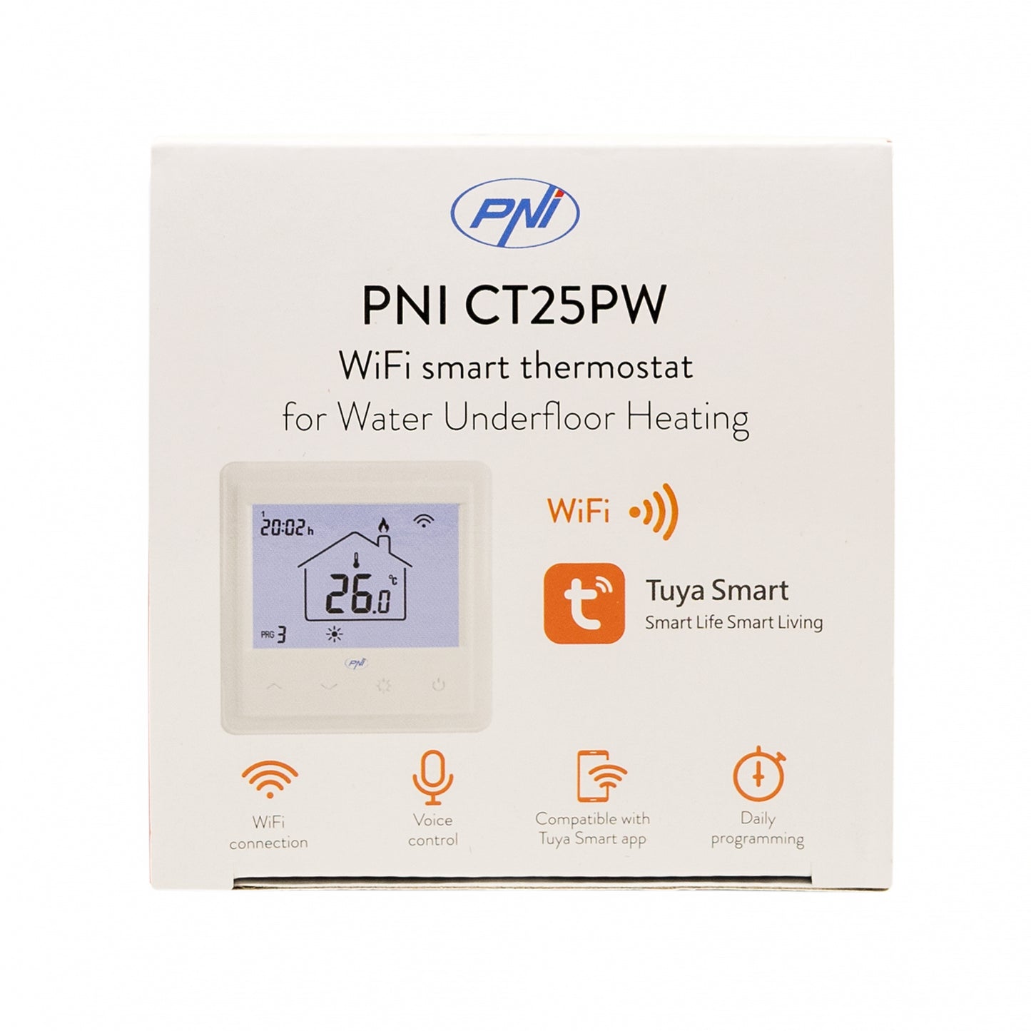 Termostat inteligent incastrabil PNI CT25PW WiFi, control prin internet, incalzire cu apa in pardoseala, actuatoare, pompe, centrala, aplicatie mobil Tuya Smart, integrare in scenarii smart cu alte produse compatibile Tuya, Alexa, Google Home