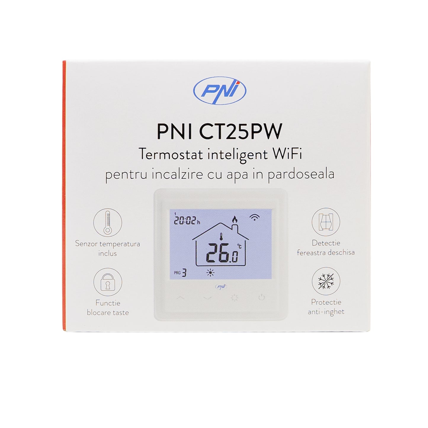 Termostat inteligent incastrabil PNI CT25PW WiFi, control prin internet, incalzire cu apa in pardoseala, actuatoare, pompe, centrala, aplicatie mobil Tuya Smart, integrare in scenarii smart cu alte produse compatibile Tuya, Alexa, Google Home