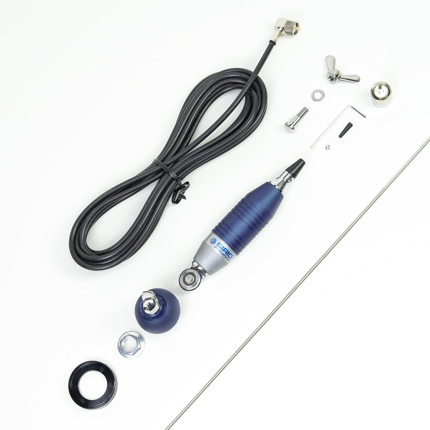 Antena CB Sirio SUPER 9 cu fluture, lungime 155 cm, 27 - 28.5 MHz, 250W, montura, cablu RG58 de 4m si mufa PL259 incluse