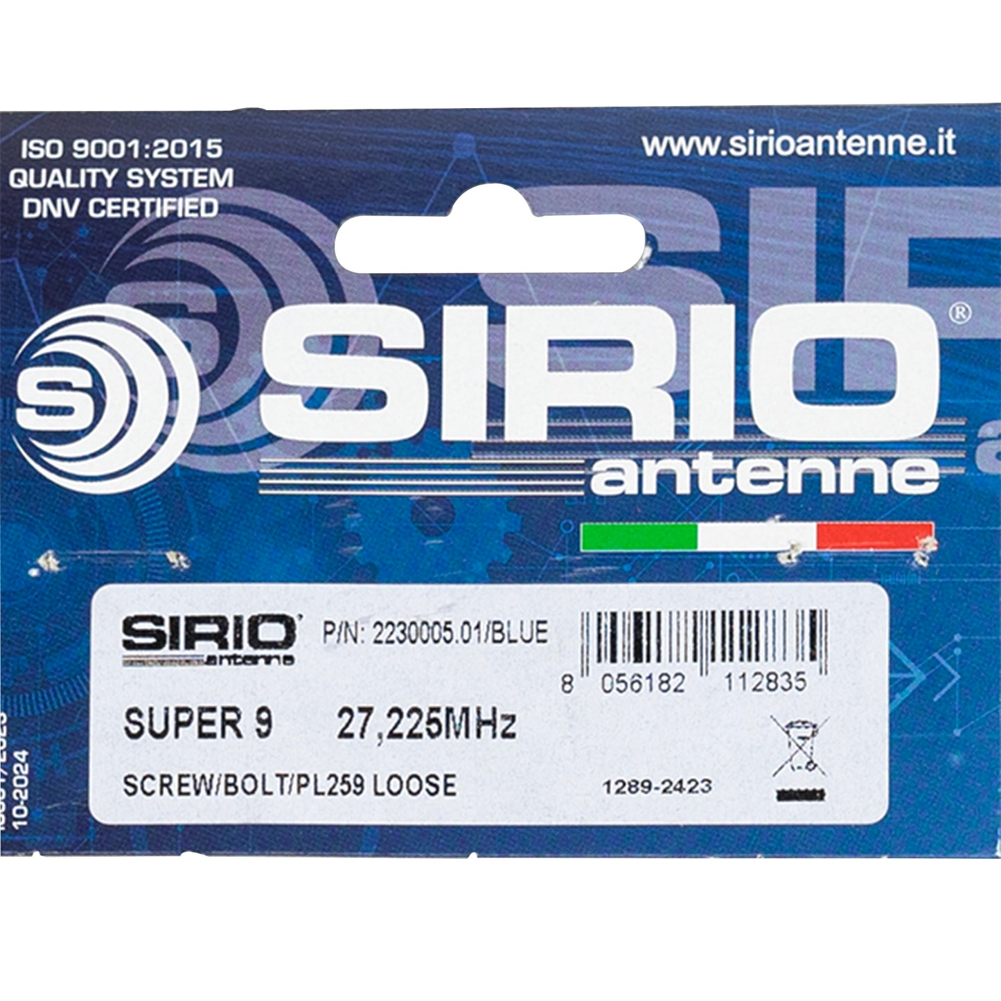 Antena CB Sirio SUPER 9 cu fluture, lungime 155 cm, 27 - 28.5 MHz, 250W, montura, cablu RG58 de 4m si mufa PL259 incluse