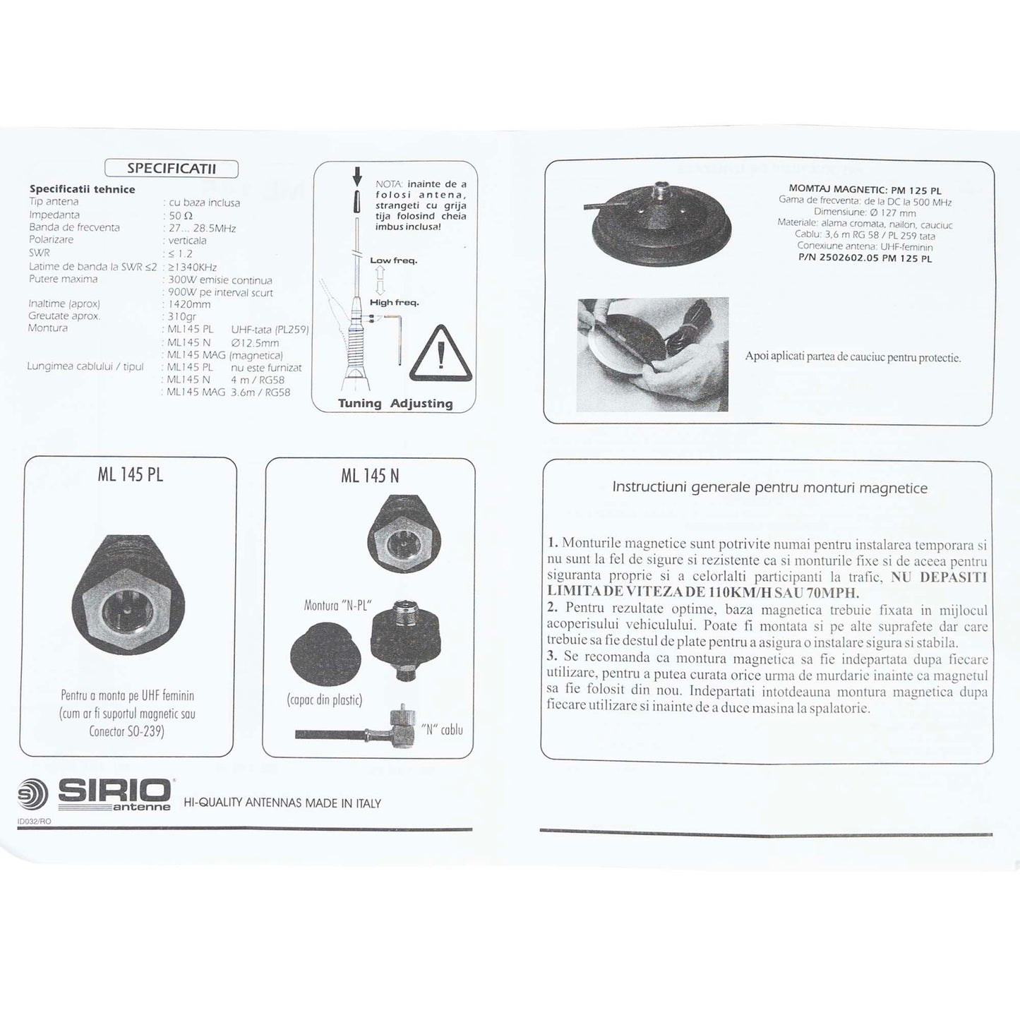 Bax 50 bucati antene CB Sirio ML145 cu filet PL, lungime 145 cm, 27 - 28.5 MHz, 900W, fara cablu