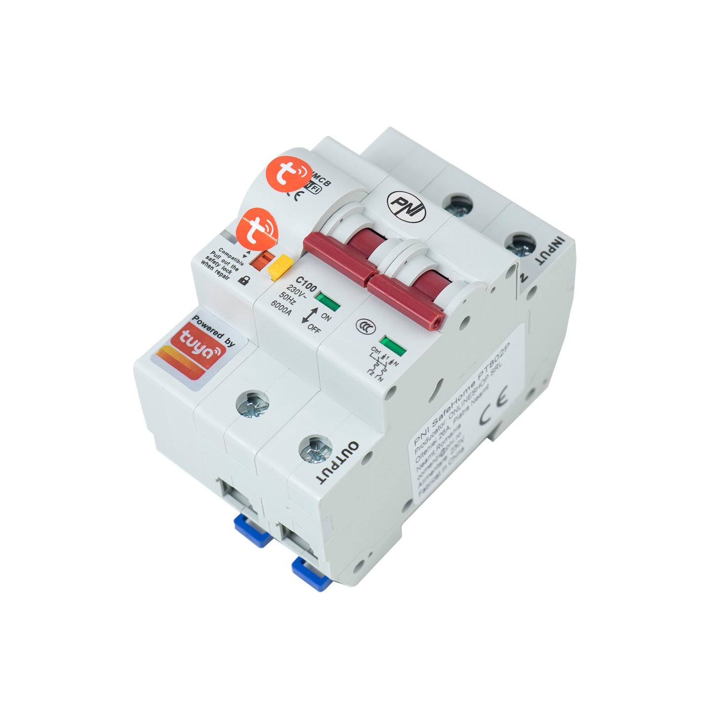 Siguranta automata inteligenta PNI SafeHome PT802P WiFi, 2P, 100A, comanda prin internet, aplicatie de mobil Tuya Smart, integrare in scenarii si automatizari smart cu alte produse compatibile Tuya, Alexa si Google Assistant siguranta monofazata 230V