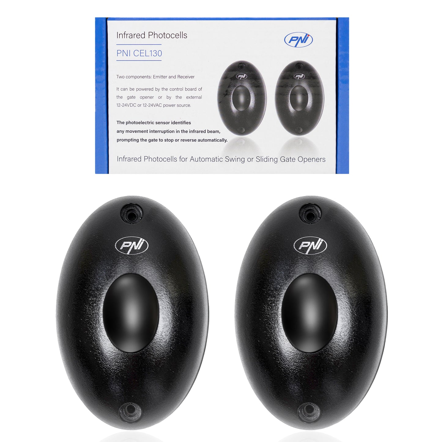 Fotocelule PNI CEL130, 1.92KHz, 12-24V, pentru porti autoportante, IP55, negru, 2 bucati