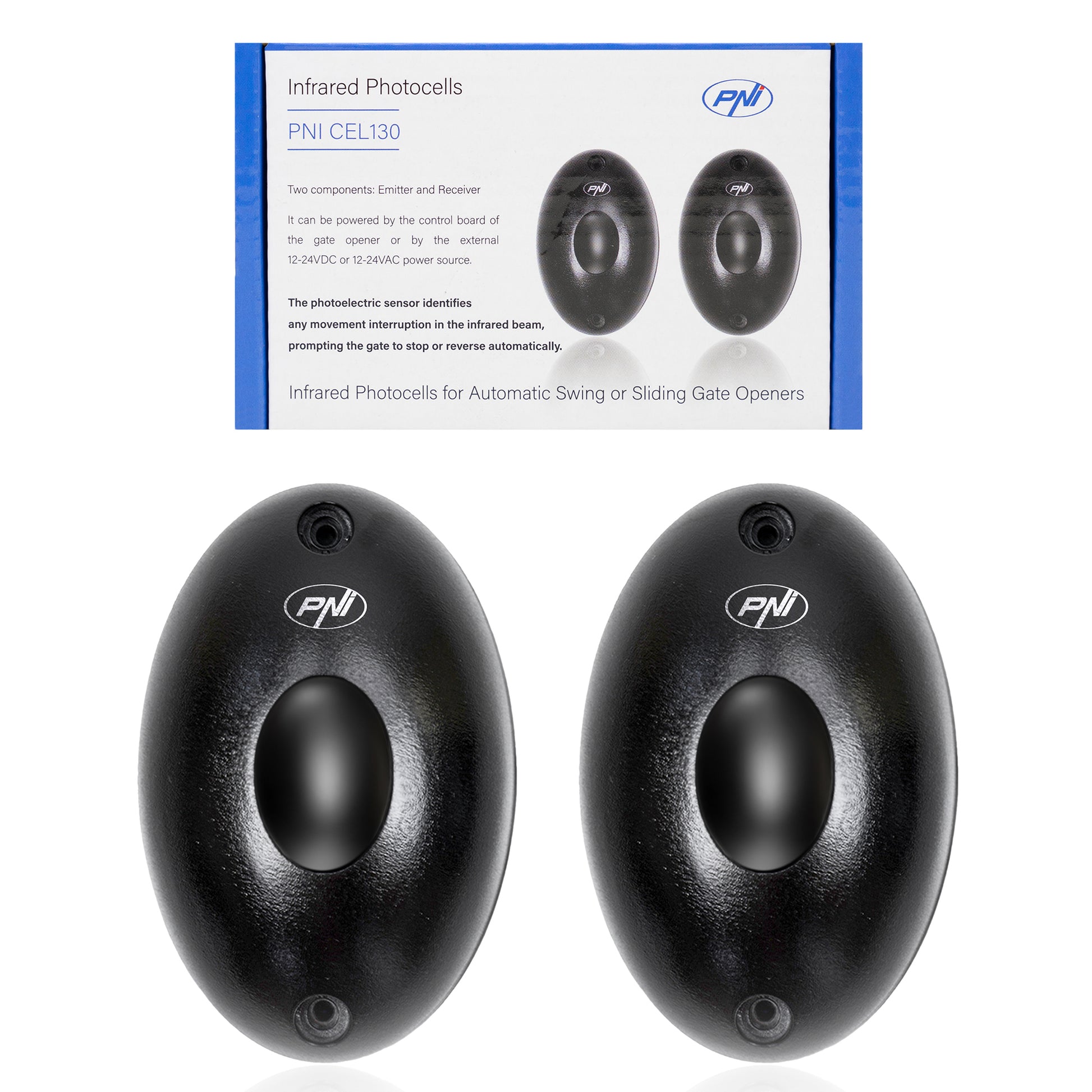 Fotocelule PNI CEL130, 1.92KHz, 12-24V, pentru porti autoportante, IP55, negru, 2 bucati