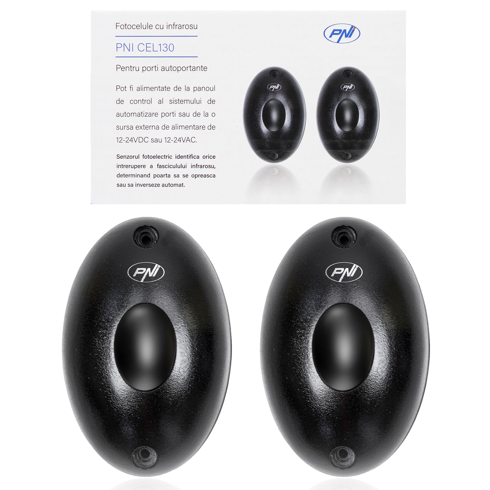 Fotocelule PNI CEL130, 1.92KHz, 12-24V, pentru porti autoportante, IP55, negru, 2 bucati