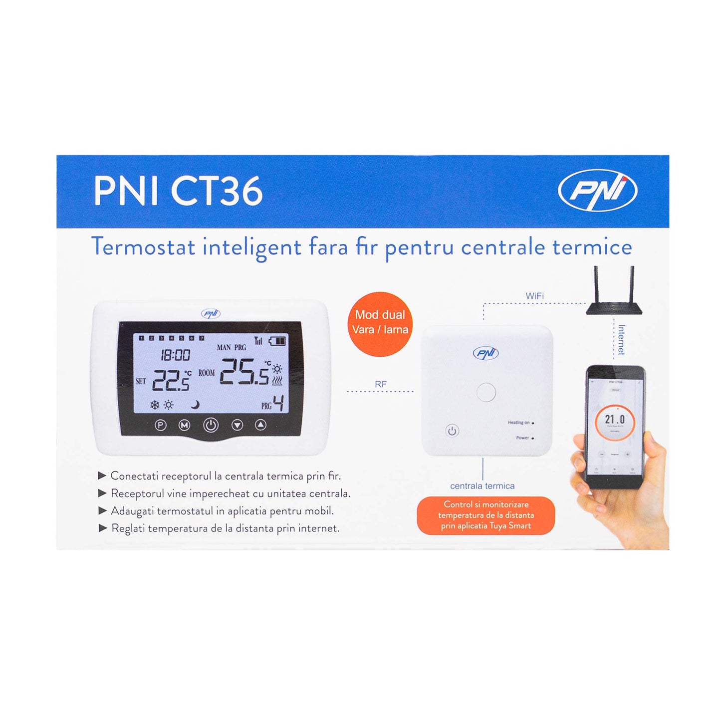 Termostat inteligent PNI CT36 fara fir, cu WiFi, control prin Internet, pentru centrale termice, APP TuyaSmart