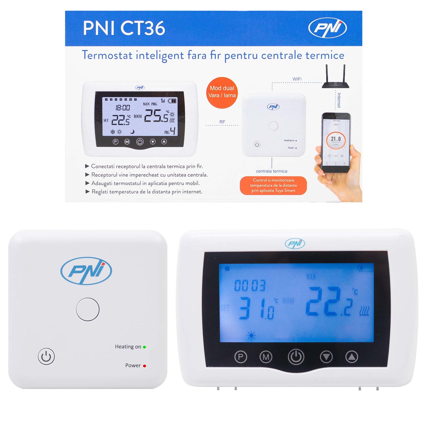 Termostat inteligent PNI CT36 fara fir, cu WiFi, control prin Internet, pentru centrale termice, APP TuyaSmart