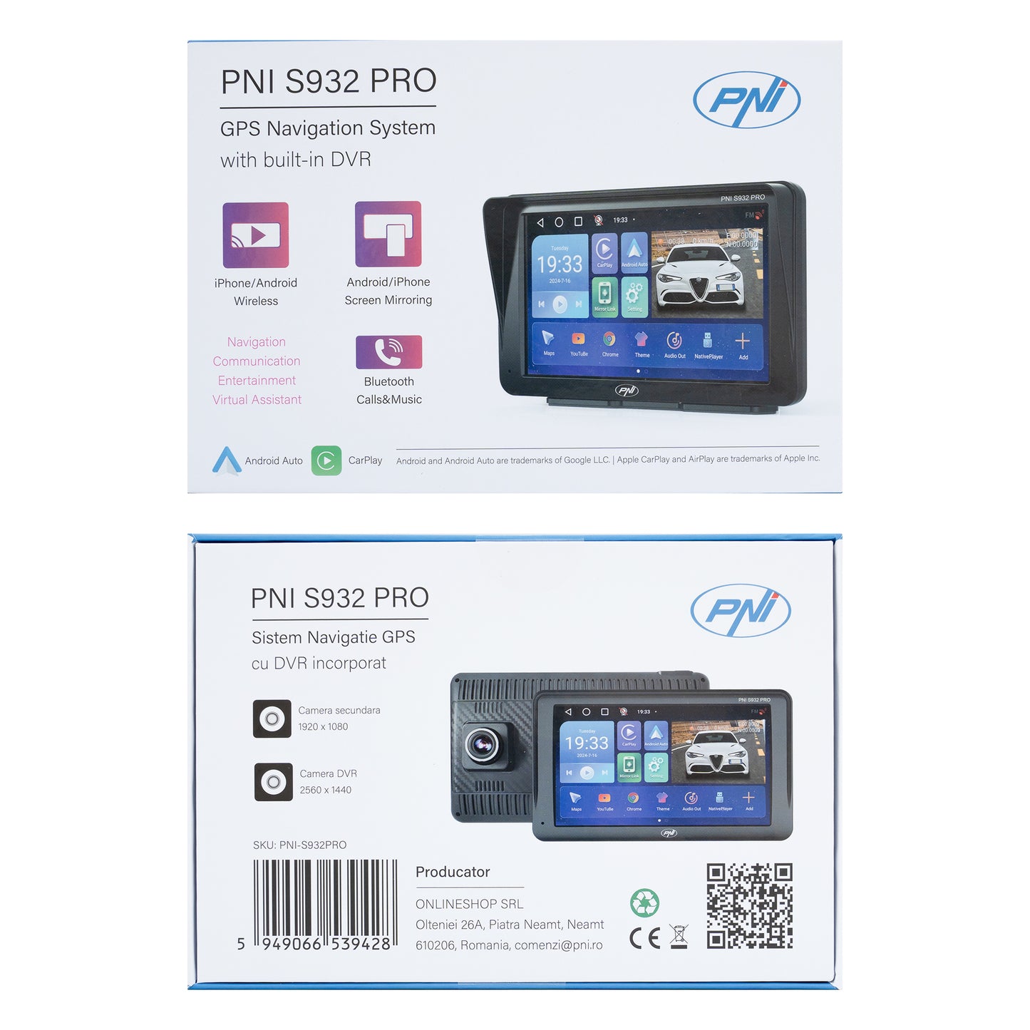Sistem de navigatie GPS cu DVR incorporat PNI S932 PRO ecran 7 inch, memorie 32 GB, 2GB DDR3 RAM, Android 13, FM transmitter, Mirror Link, Apple Carplay si Android Auto, camera de marsarier inclusa