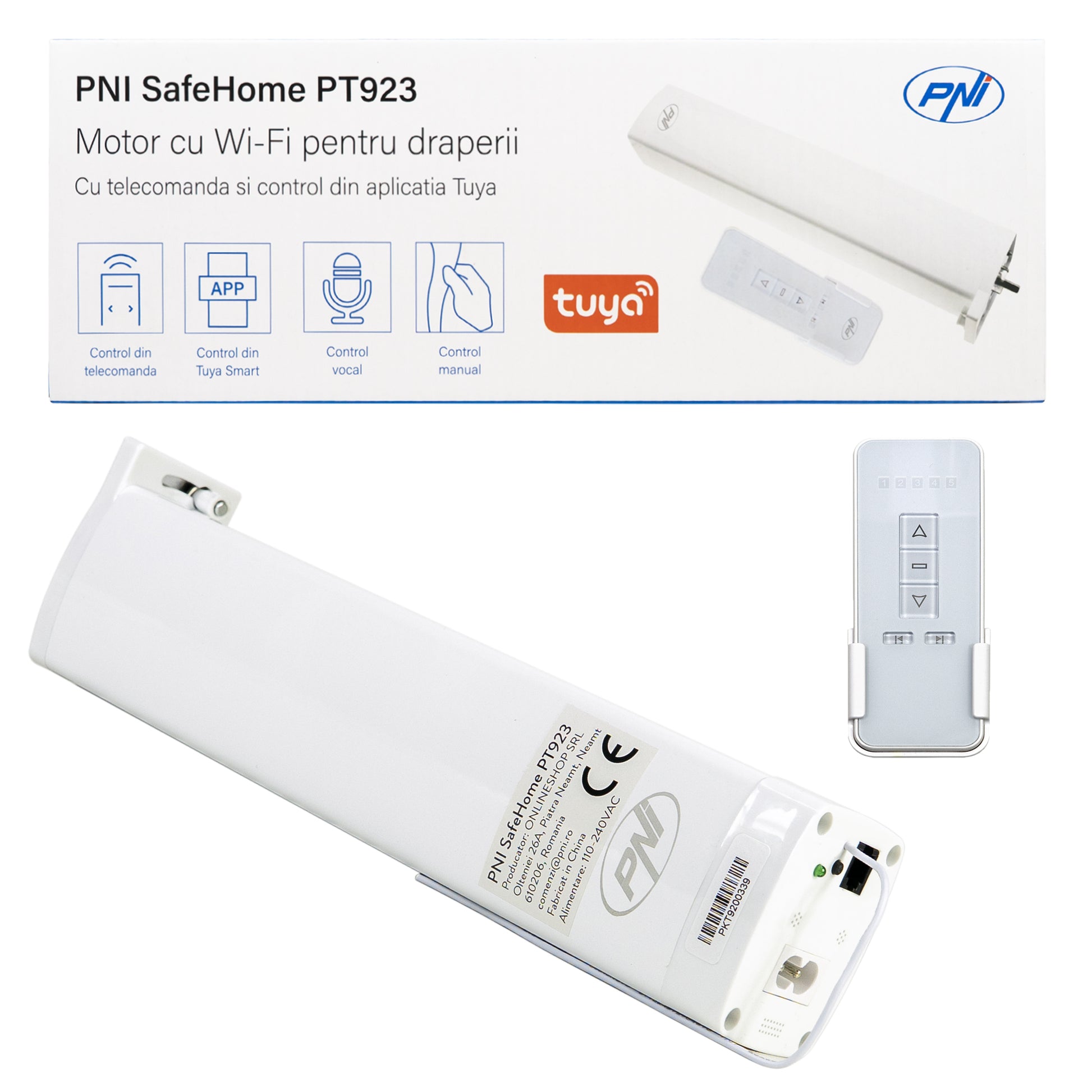 Motor inteligent pentru draperii, perdele PNI SafeHome PT923 WiFi, cu telecomanda inclusa, controlata cu aplicatia Tuya Smart