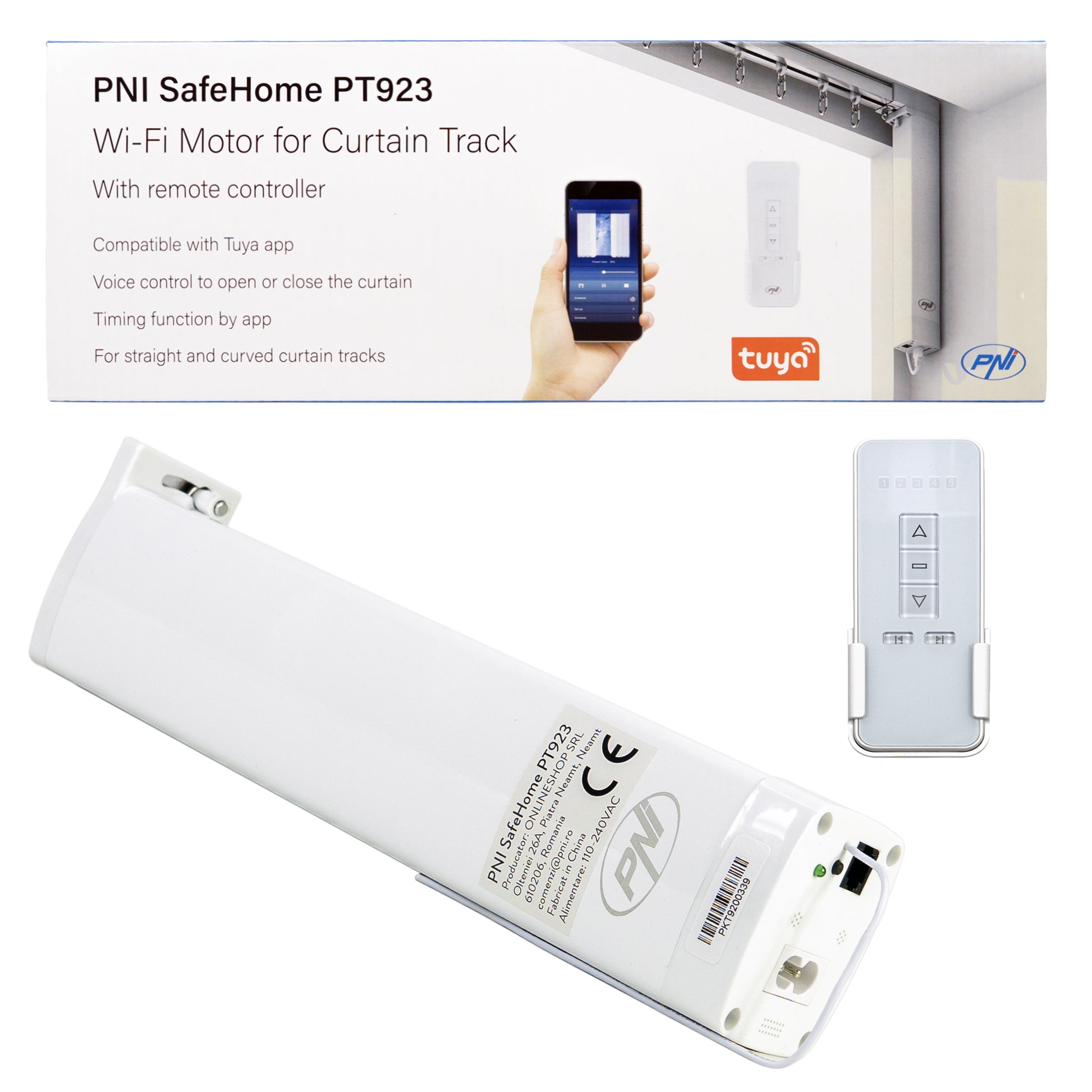 Motor inteligent pentru draperii, perdele PNI SafeHome PT923 WiFi, cu telecomanda inclusa, controlata cu aplicatia Tuya Smart