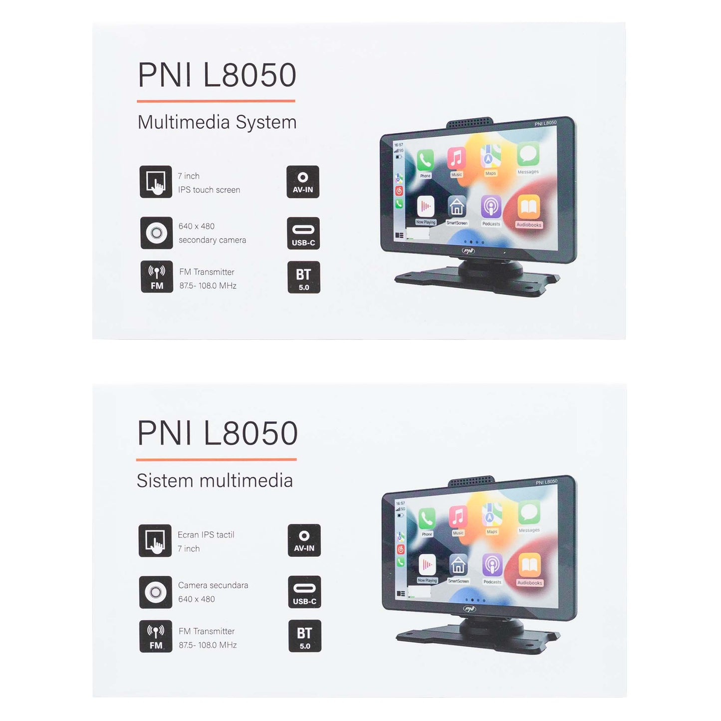 Sistem multimedia auto PNI L8050 cu ecran de 7 inch, Apple Carplay si Android Auto, Android/iPhone mirroring, FM transmitter, camera video mers inapoi inclusa