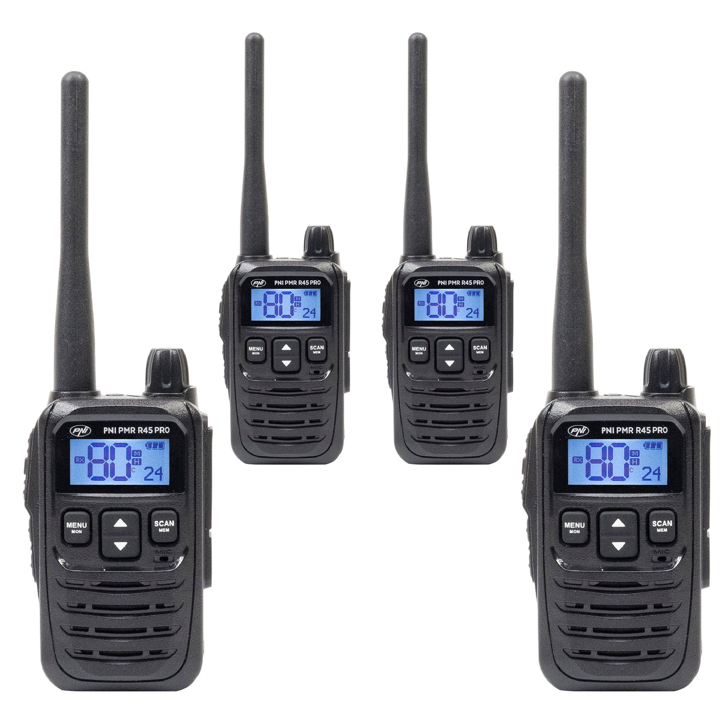 Kit 4 statii radio portabile PNI PMR R45 PRO 446MHz, 0.5W, 99 canale programabile, 16 PMR si tonuri 38 CTCSS si 104 DCS, Squelch 5 niveluri, VOX, TOT, BCL, Scan, Roger Beep