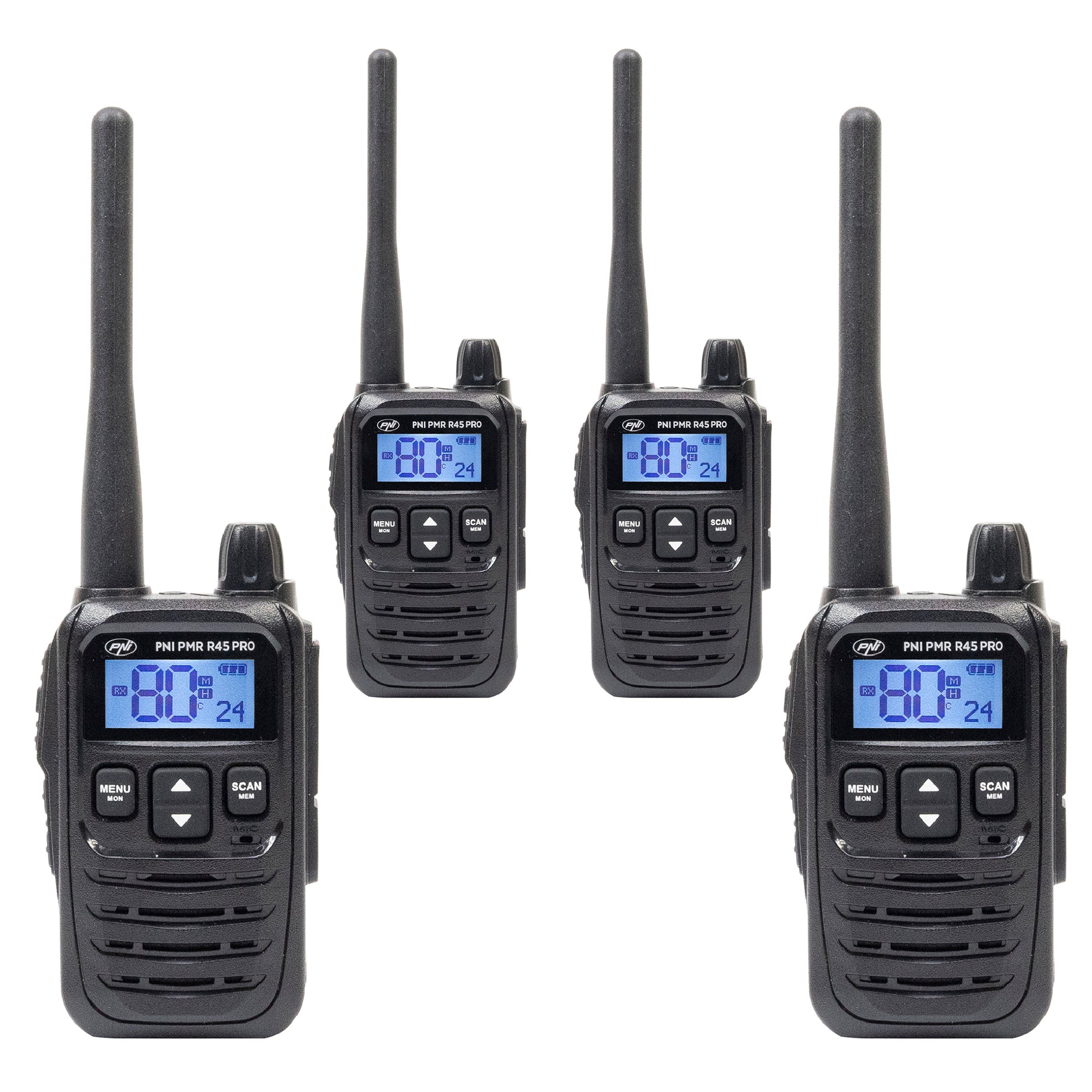 Kit 4 statii radio portabile PNI PMR R45 PRO 446MHz, 0.5W, 99 canale programabile, 16 PMR si tonuri 38 CTCSS si 104 DCS, Squelch 5 niveluri, VOX, TOT, BCL, Scan, Roger Beep