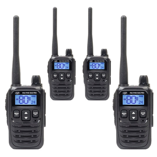 Kit 4 statii radio portabile PNI PMR R45 PRO 446MHz, 0.5W, 99 canale programabile, 16 PMR si tonuri 38 CTCSS si 104 DCS, Squelch 5 niveluri, VOX, TOT, BCL, Scan, Roger Beep