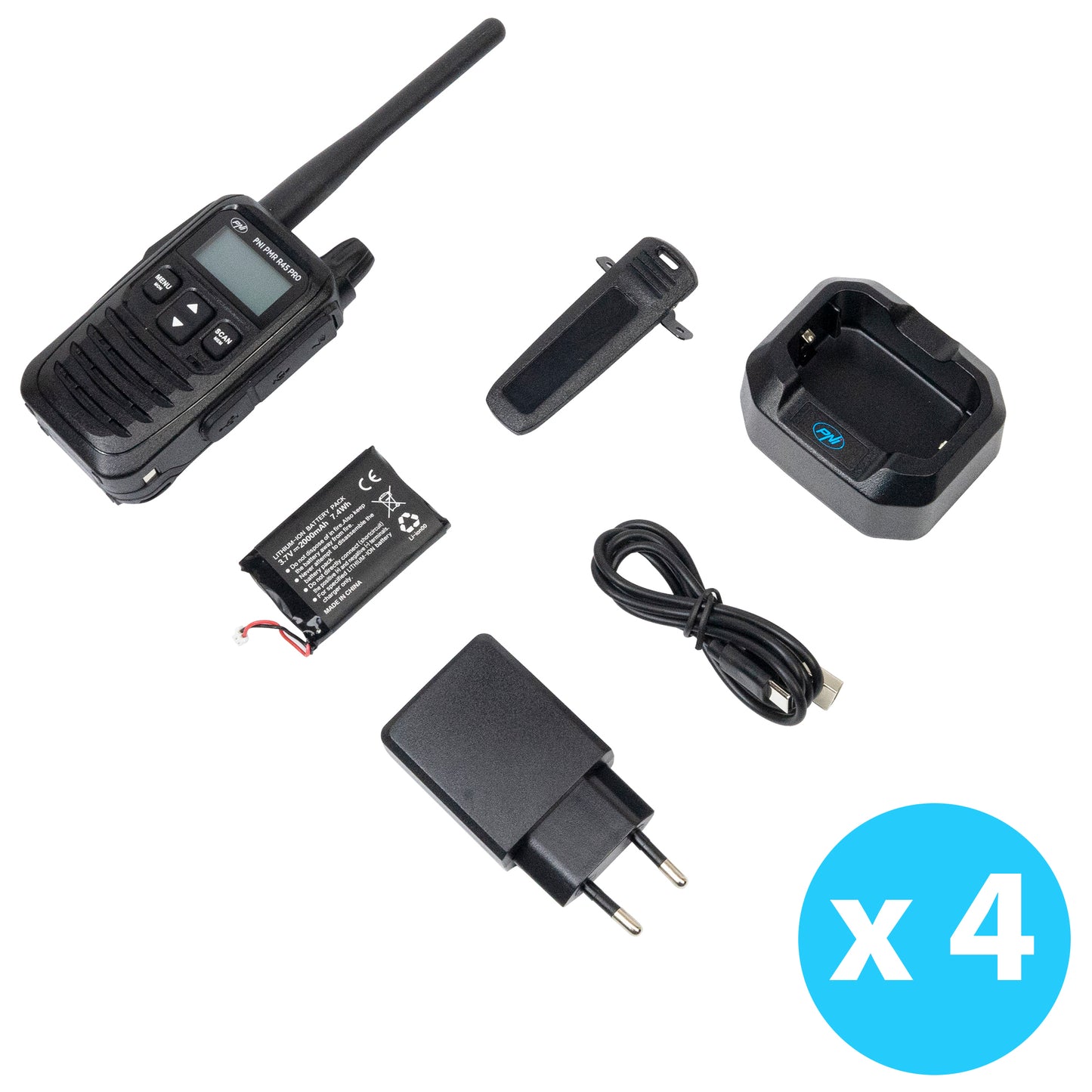 Kit 4 statii radio portabile PNI PMR R45 PRO 446MHz, 0.5W, 99 canale programabile, 16 PMR si tonuri 38 CTCSS si 104 DCS, Squelch 5 niveluri, VOX, TOT, BCL, Scan, Roger Beep