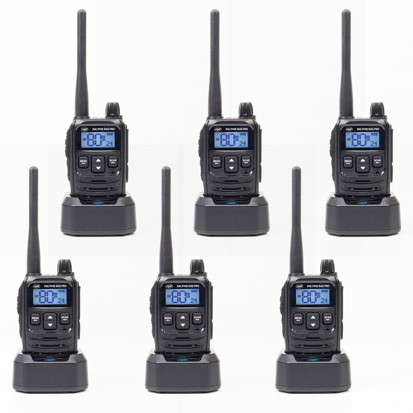 Kit 6 statii radio portabile PNI PMR R45 PRO 446MHz, 0.5W, 99 canale programabile, 16 PMR si tonuri 38 CTCSS si 104 DCS, Squelch 5 niveluri, VOX, TOT, BCL, Scan, Roger Beep