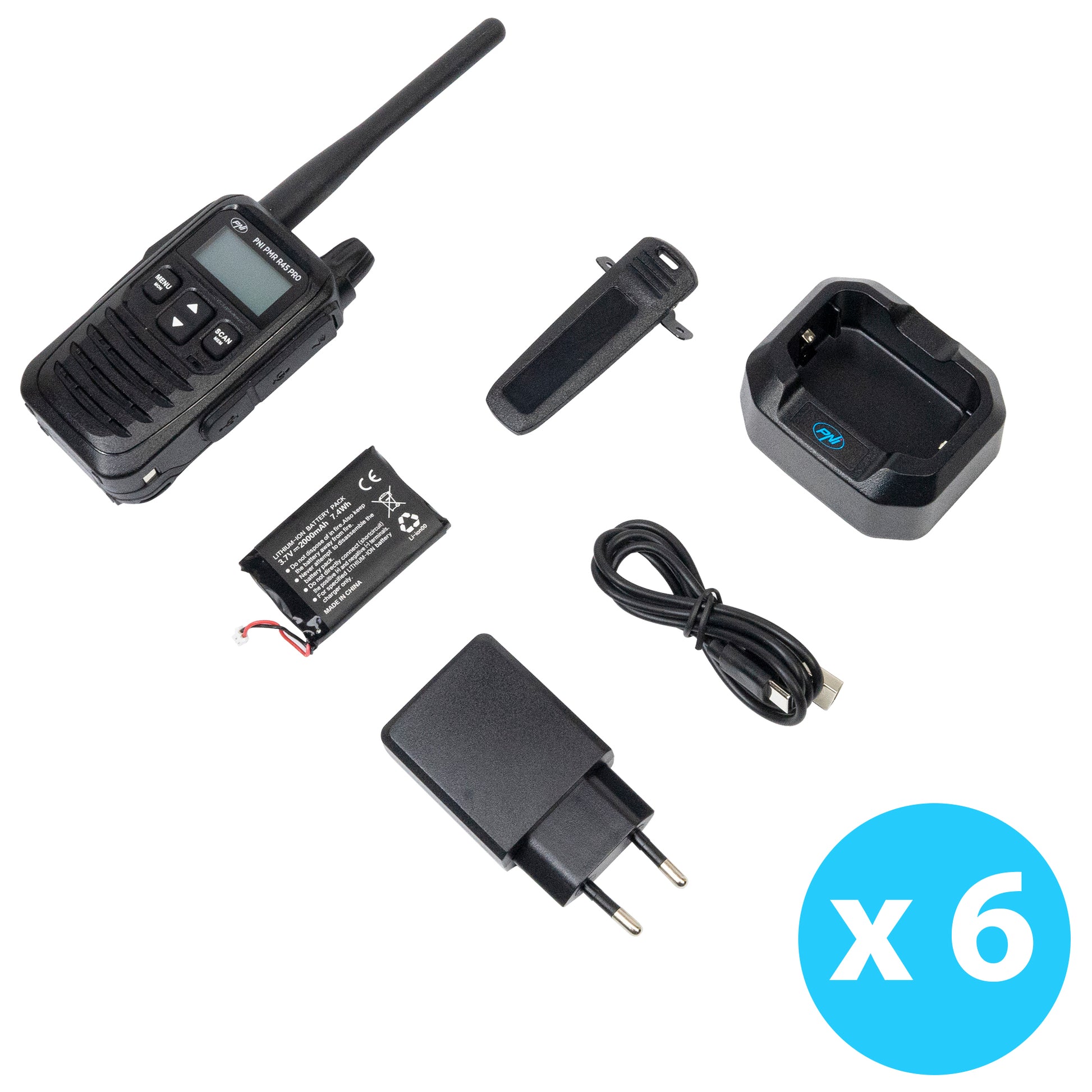 Kit 6 statii radio portabile PNI PMR R45 PRO 446MHz, 0.5W, 99 canale programabile, 16 PMR si tonuri 38 CTCSS si 104 DCS, Squelch 5 niveluri, VOX, TOT, BCL, Scan, Roger Beep