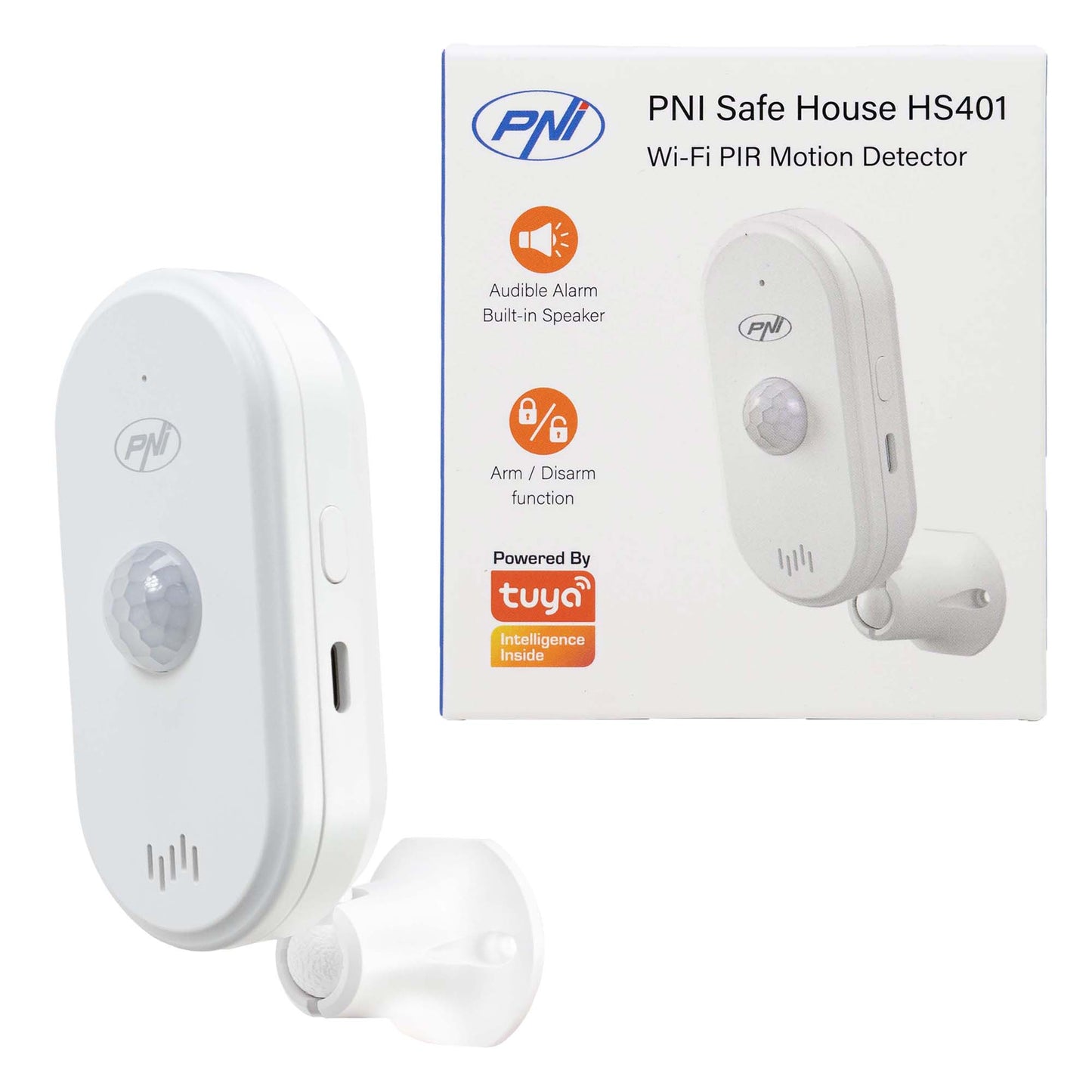 Senzor de miscare PIR PNI SafeHouse HS401 cu Wi-Fi, compatibil cu aplicatia Tuya, alarma sonora 80dB, difuzor incorporat, alimentare 5V USB C
