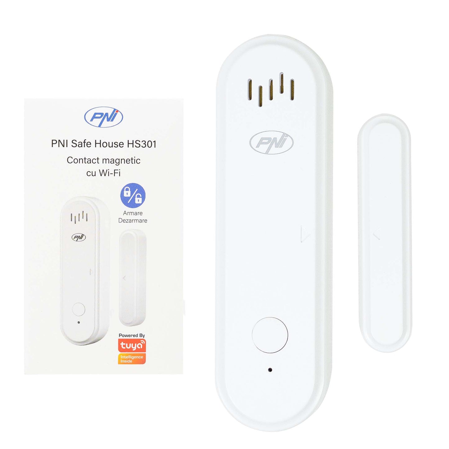 Contact magnetic PNI Safe House HS301 cu Wi-Fi, pentru monitorizare usi/ferestre prin aplicatia Tuya Smart, alarma sonora 80dB, difuzor incorporat, volum reglabil, functie armare/dezarmare, alimentare 3V