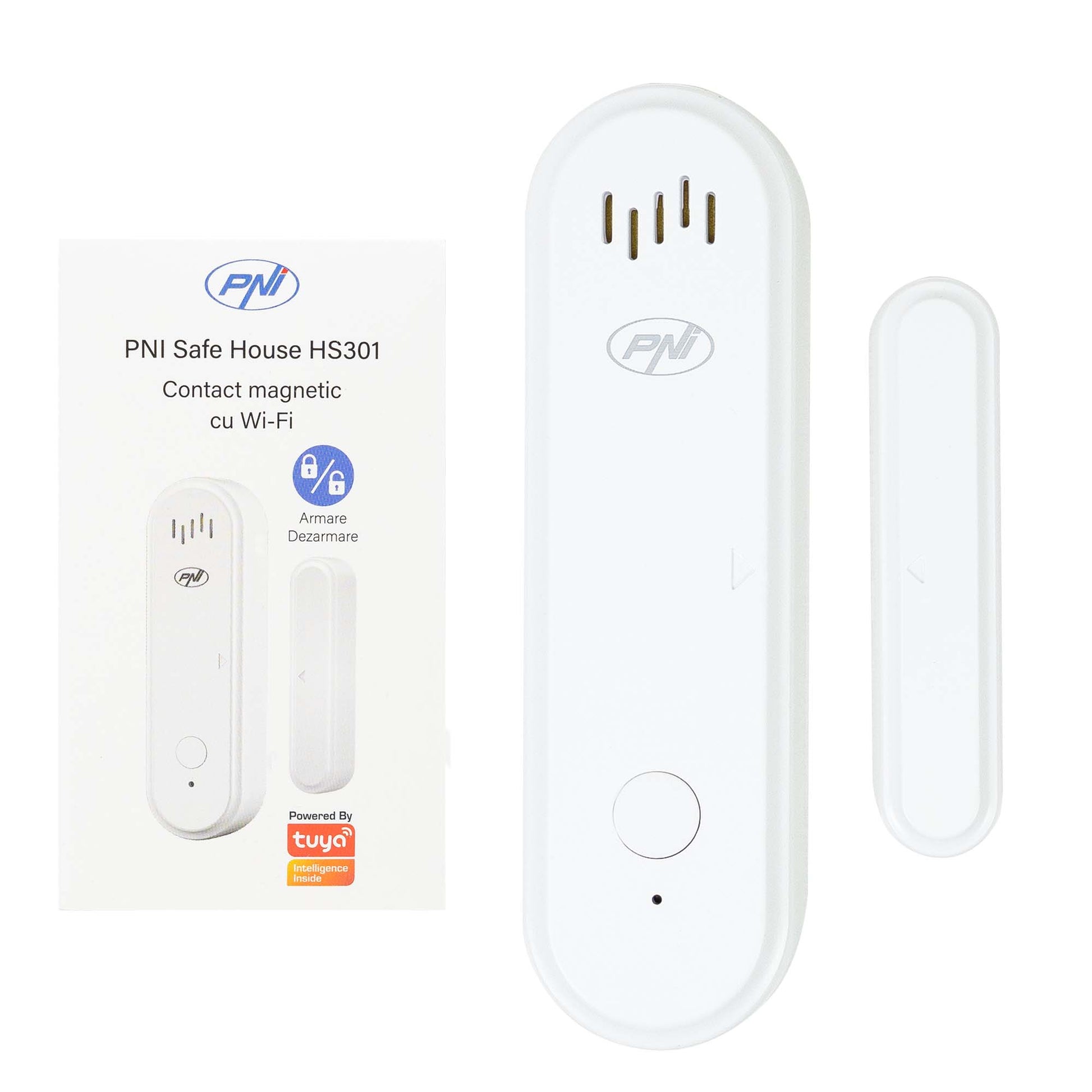 Contact magnetic PNI Safe House HS301 cu Wi-Fi, pentru monitorizare usi/ferestre prin aplicatia Tuya Smart, alarma sonora 80dB, difuzor incorporat, volum reglabil, functie armare/dezarmare, alimentare 3V