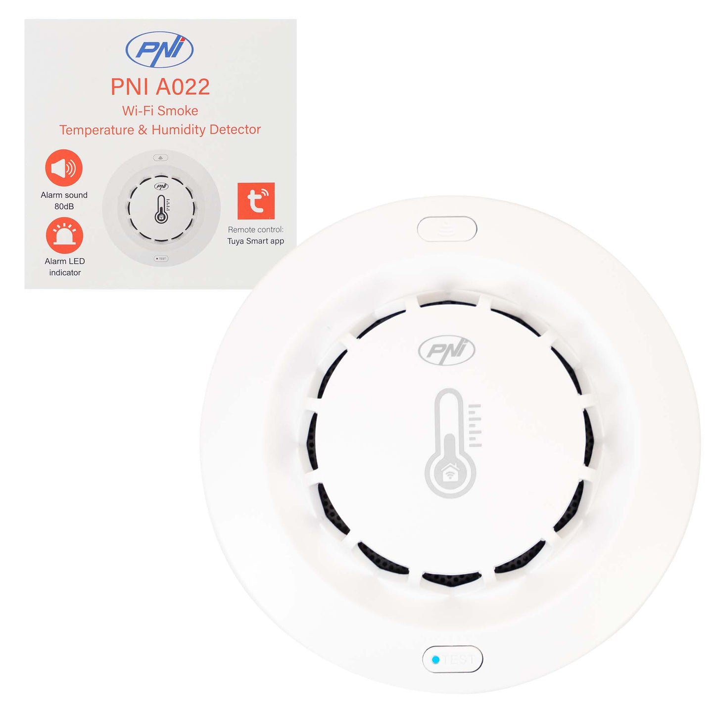 Senzor de fum, temperatura si umiditate PNI SafeHouse A022 cu Wi-Fi, aplicatia Tuya, compatibil cu Alexa si Google Assistant, 80dB, standalone, alb
