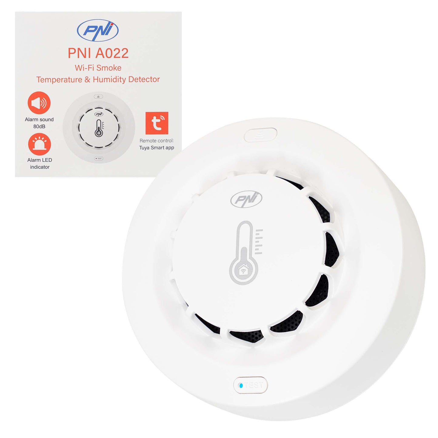 Senzor de fum, temperatura si umiditate PNI SafeHouse A022 cu Wi-Fi, aplicatia Tuya, compatibil cu Alexa si Google Assistant, 80dB, standalone, alb