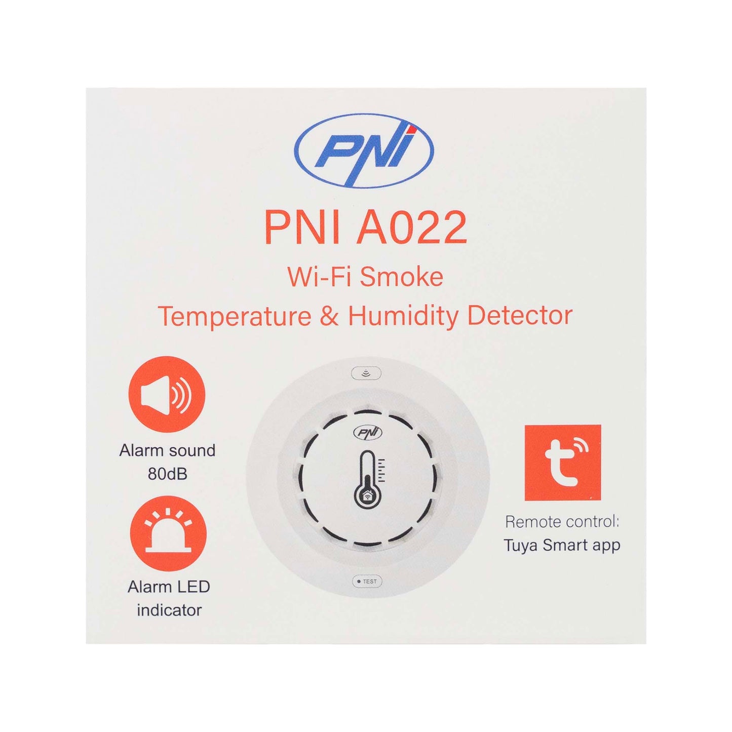 Senzor de fum, temperatura si umiditate PNI SafeHouse A022 cu Wi-Fi, aplicatia Tuya, compatibil cu Alexa si Google Assistant, 80dB, standalone, alb