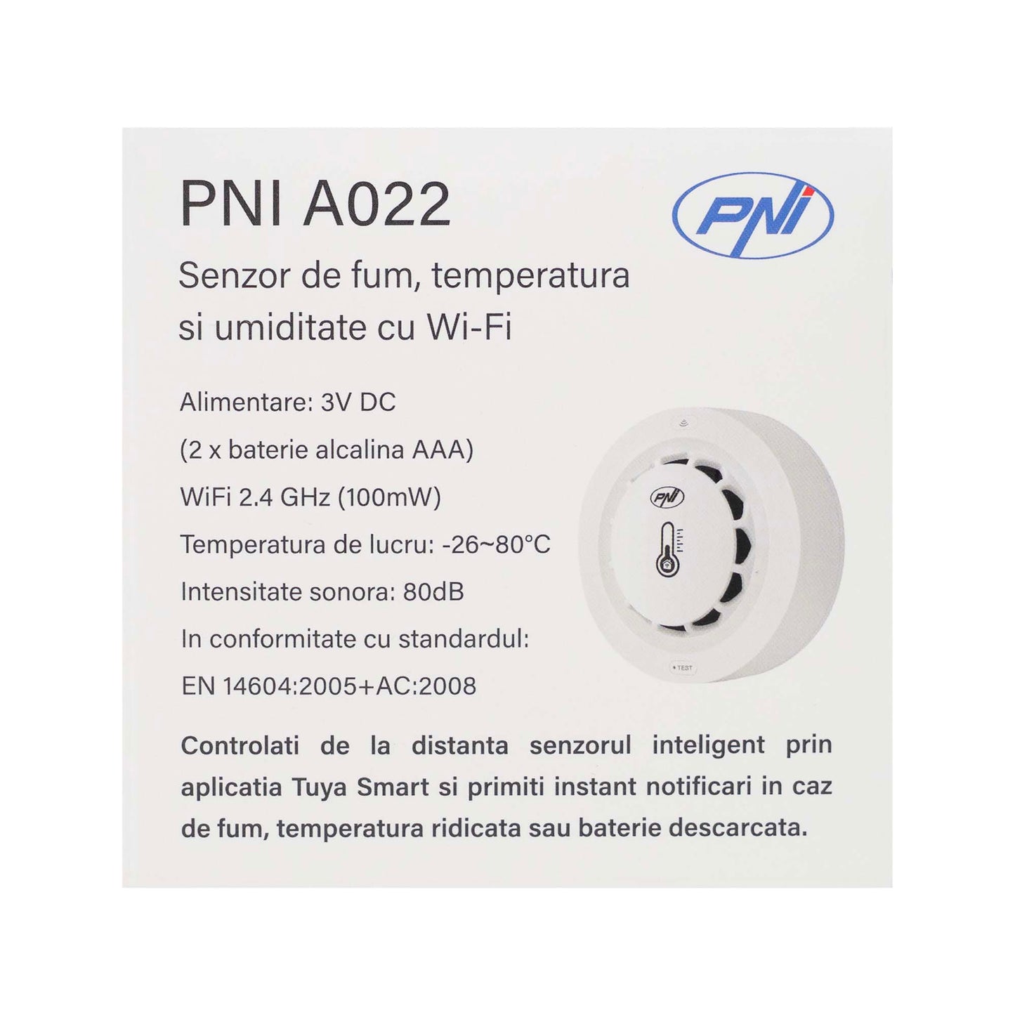 Senzor de fum, temperatura si umiditate PNI SafeHouse A022 cu Wi-Fi, aplicatia Tuya, compatibil cu Alexa si Google Assistant, 80dB, standalone, alb