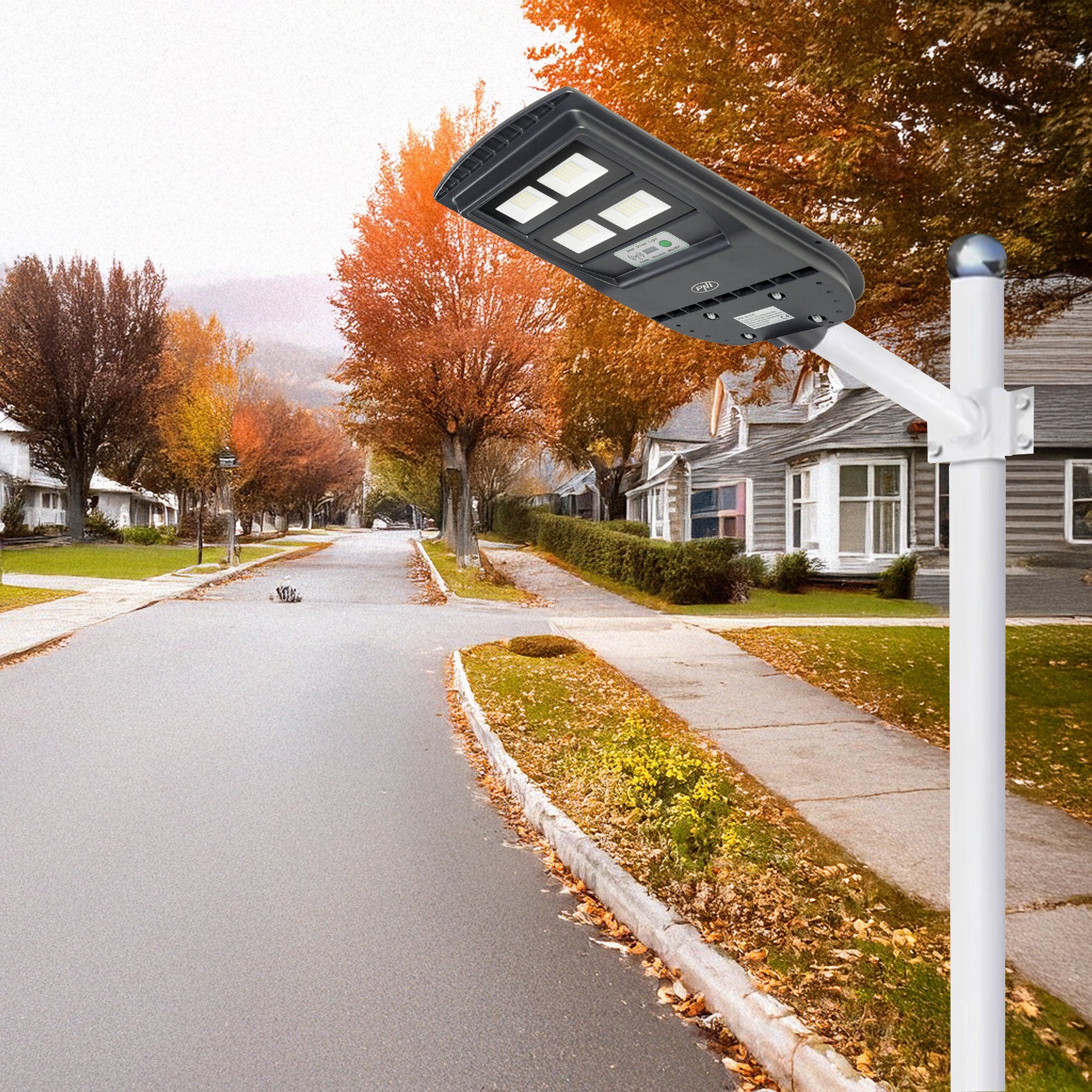 Lampa de iluminat stradal PNI SL210 6.5W, cu panou solar incorporat 10W, 6500K, 1000lm, 2 x acumulator 10Ah incorporat, senzor de miscare cu microunde