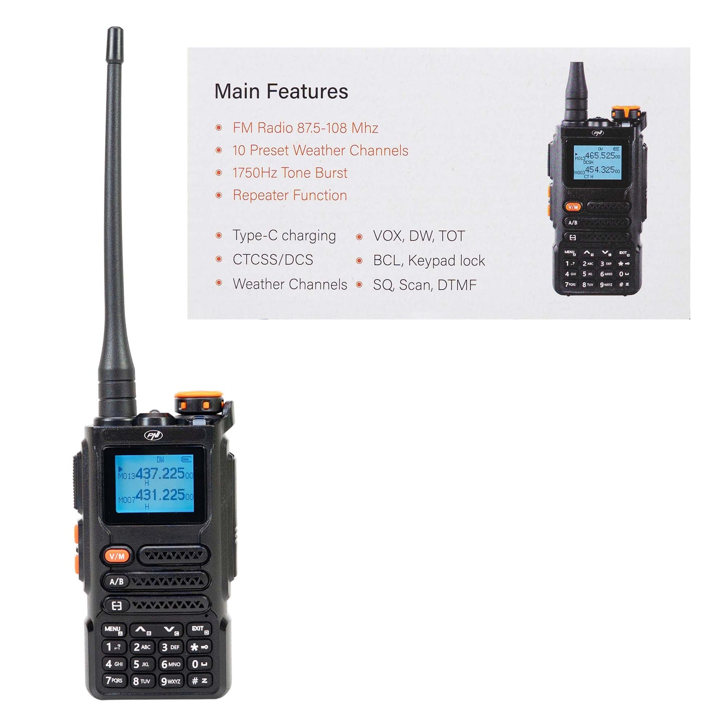 Statie radio portabila VHF/UHF PNI P16UV 999 canale, dual band TX si 6 benzi RX, transmisie VOX, Scan, Radio FM, canale meteo, Li-Ion 2600 mAh