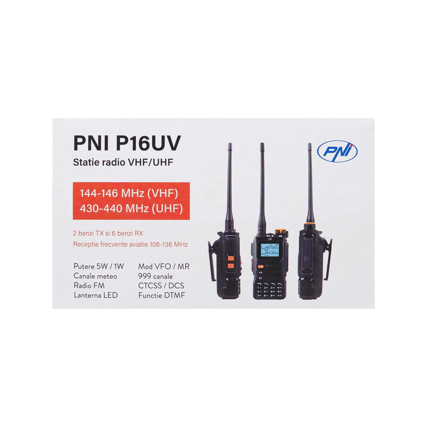 Statie radio portabila VHF/UHF PNI P16UV 999 canale, dual band TX si 6 benzi RX, transmisie VOX, Scan, Radio FM, canale meteo, Li-Ion 2600 mAh
