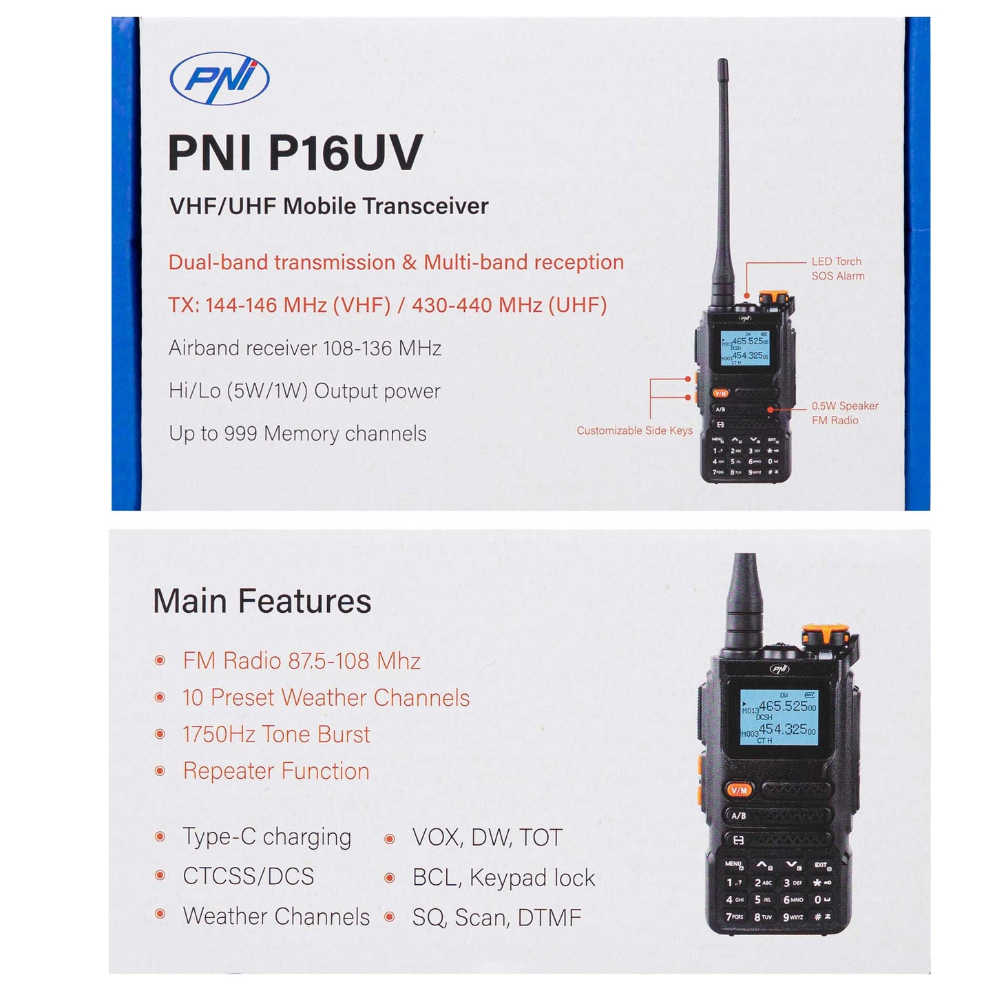 Statie radio portabila VHF/UHF PNI P16UV 999 canale, dual band TX si 6 benzi RX, transmisie VOX, Scan, Radio FM, canale meteo, Li-Ion 2600 mAh