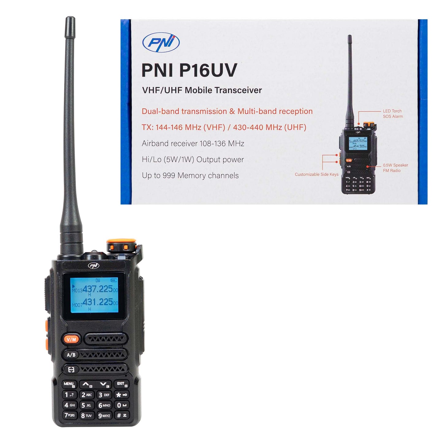 Statie radio portabila VHF/UHF PNI P16UV 999 canale, dual band TX si 6 benzi RX, transmisie VOX, Scan, Radio FM, canale meteo, Li-Ion 2600 mAh