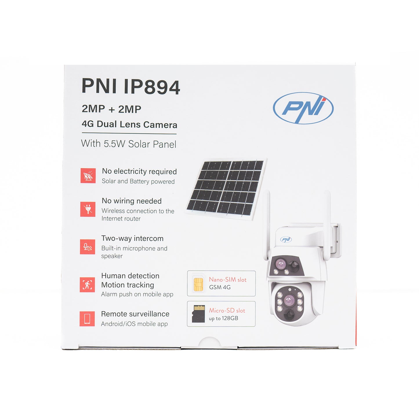 Camera supraveghere video PNI IP894 GSM 4G PTZ, dual lens 2MP + 2MP, panou solar 5.5W, acumulator bloc 8000mAh