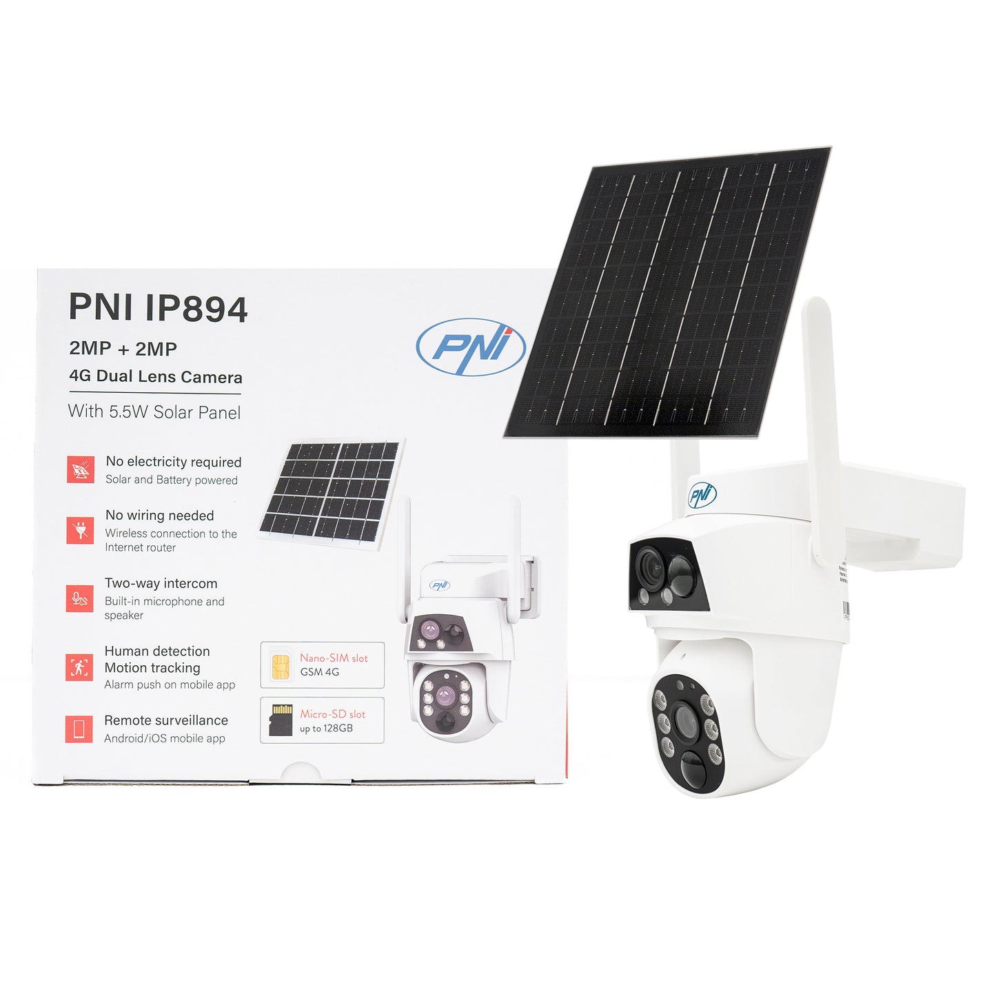 Camera supraveghere video PNI IP894 GSM 4G PTZ, dual lens 2MP + 2MP, panou solar 5.5W, acumulator bloc 8000mAh