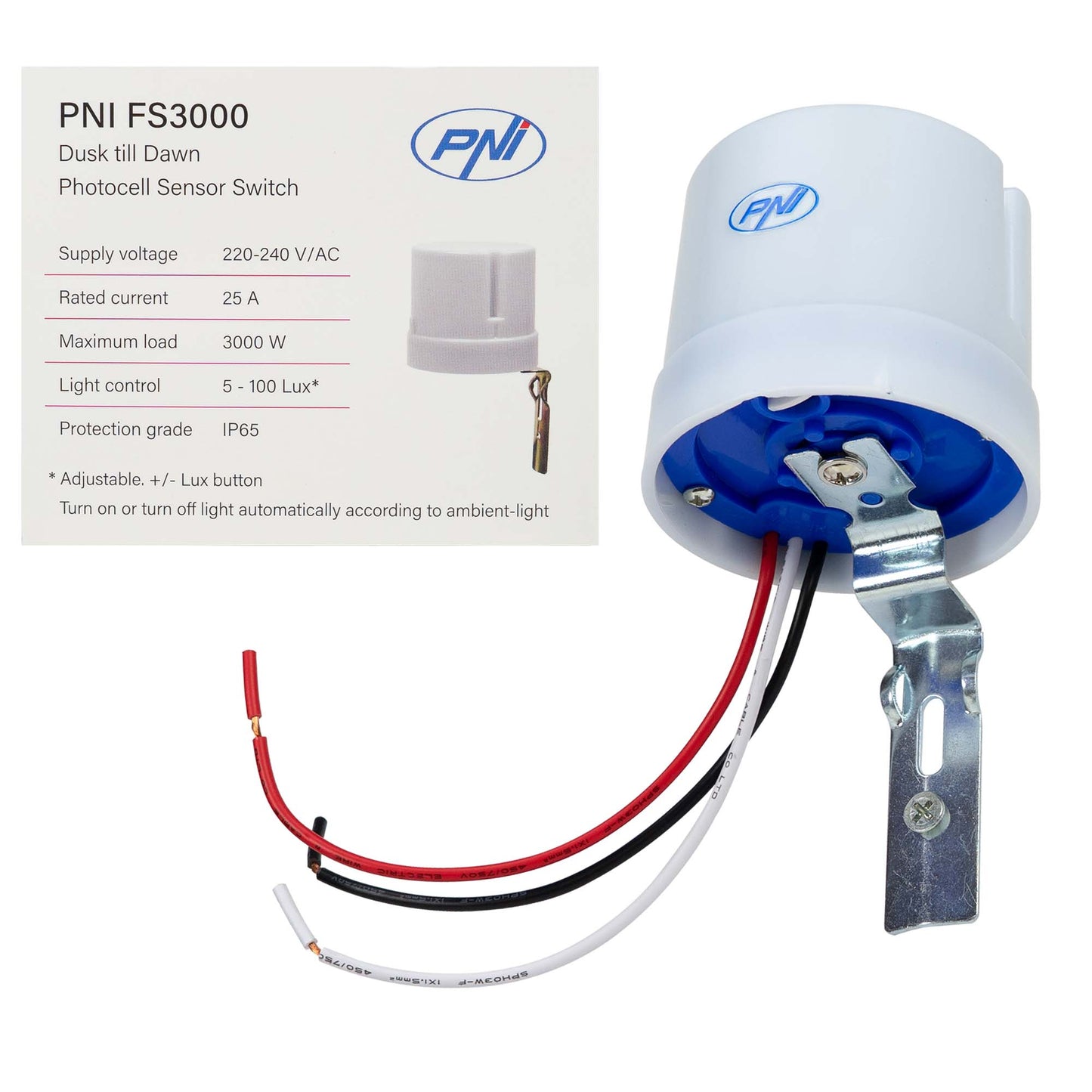 Fotosenzor noapte/zi PNI FS3000 25A, 3000W, de exterior