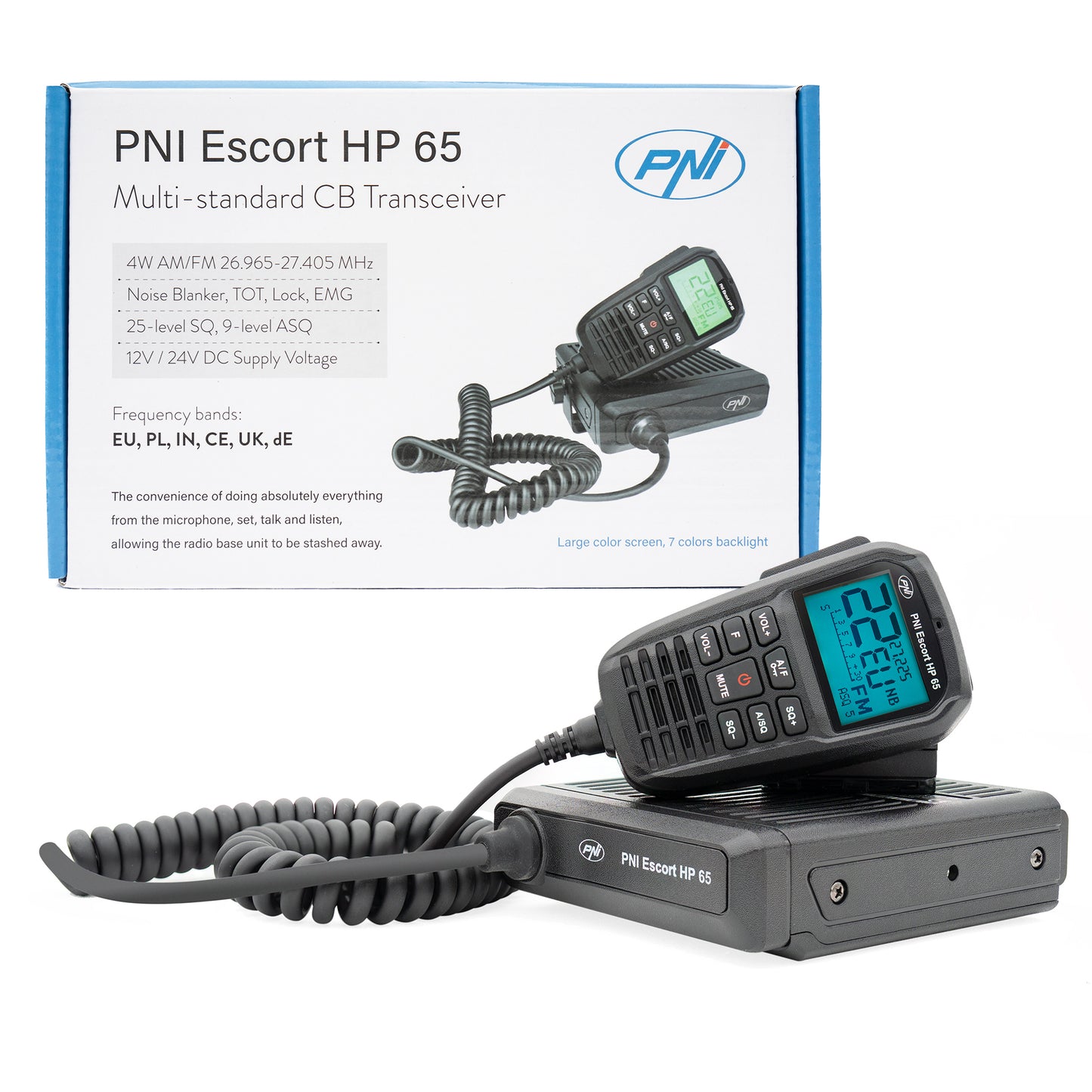 Statie radio CB PNI Escort HP 65 ASQ, multi-norma, Noise Blanker, ASQ, SQ reglabil, 12 V - 24 V, mufa de bricheta inclusa
