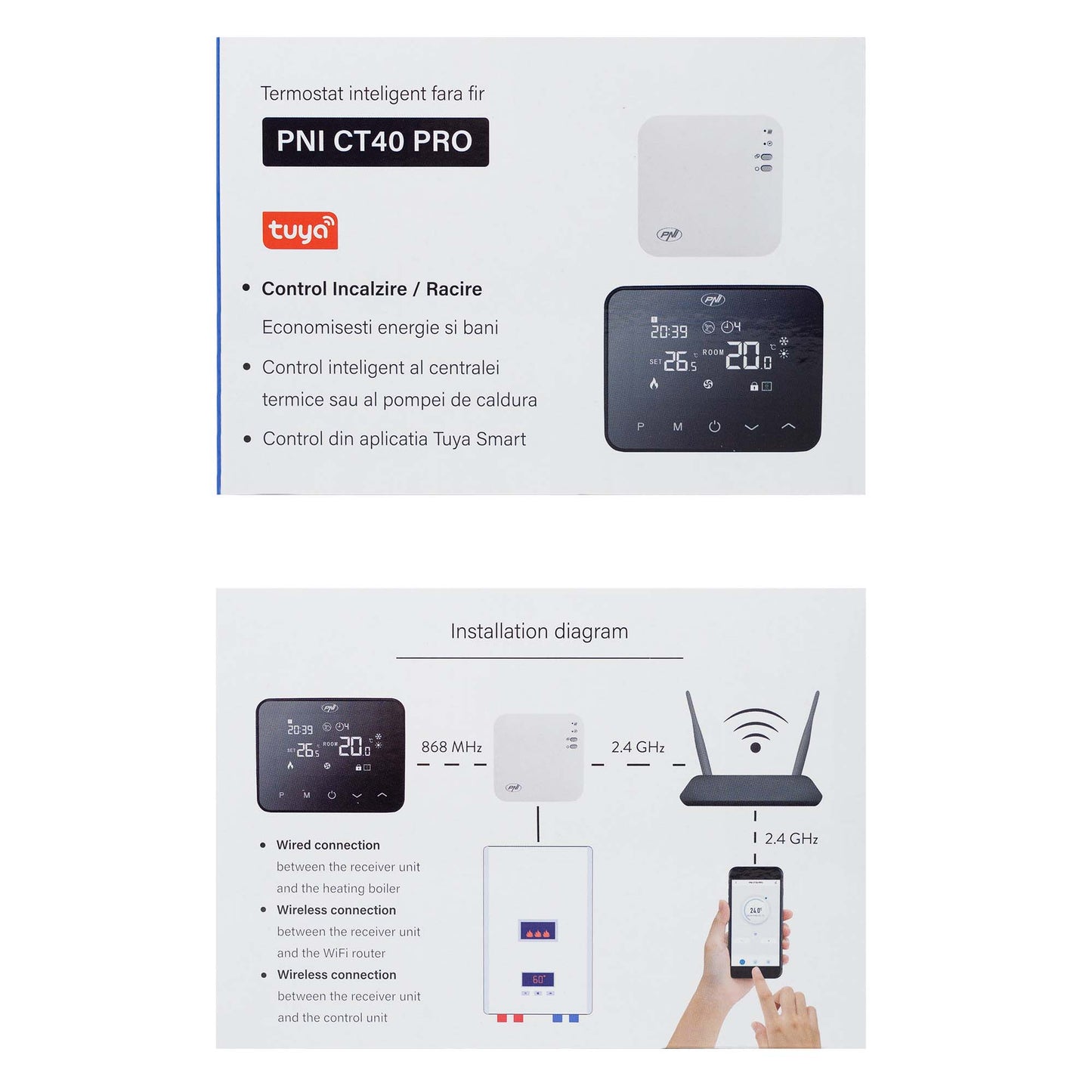 Termostat inteligent PNI CT40 PRO fara fir, cu WiFi, pentru centrale termice, 4 programe zilnice, mod manual, mod economic, control prin Tuya Smart