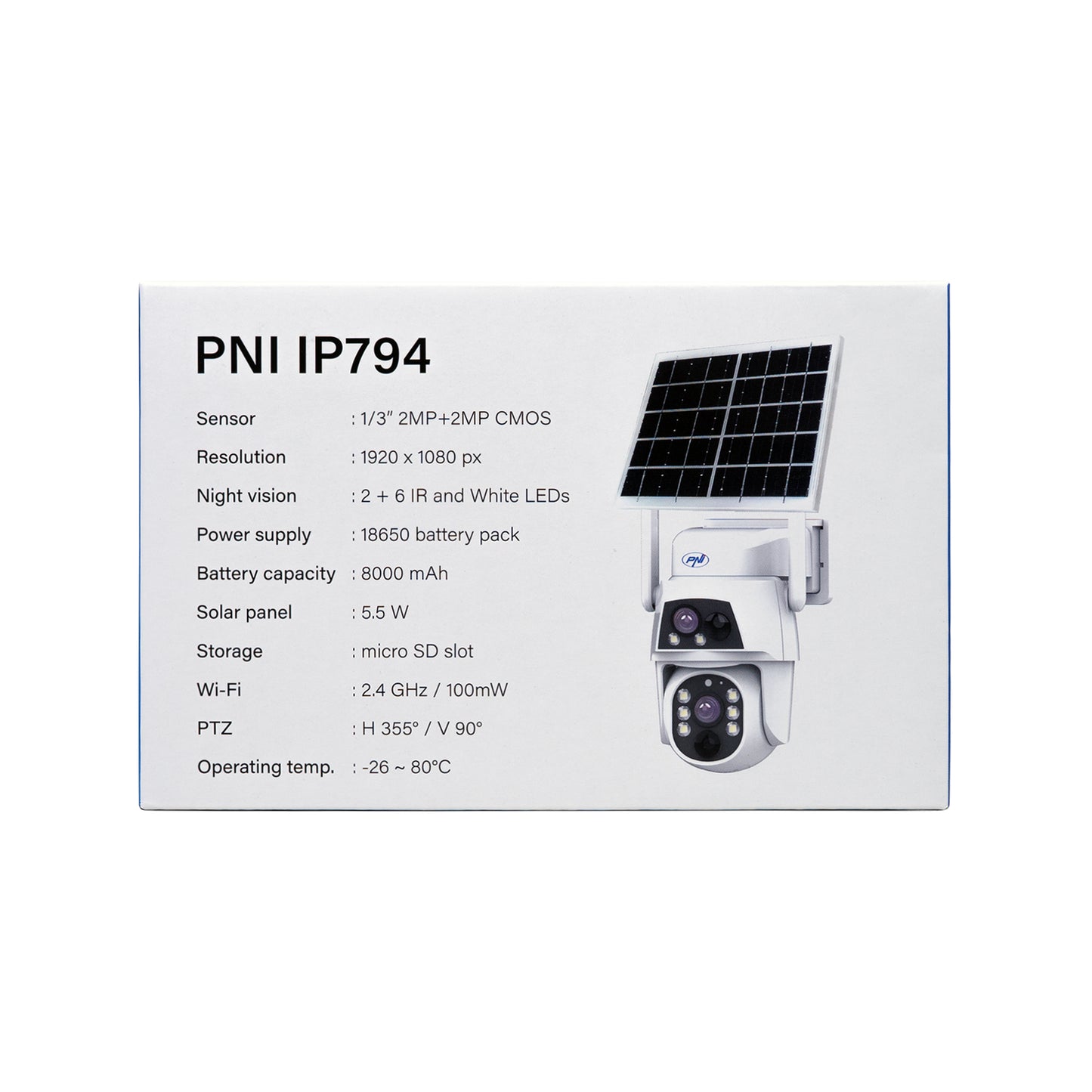 Camera supraveghere video PNI IP794 cu Wi-Fi, PTZ, dual lens 2MP + 2MP, panou solar 5.5W, acumulator bloc 8000mAh