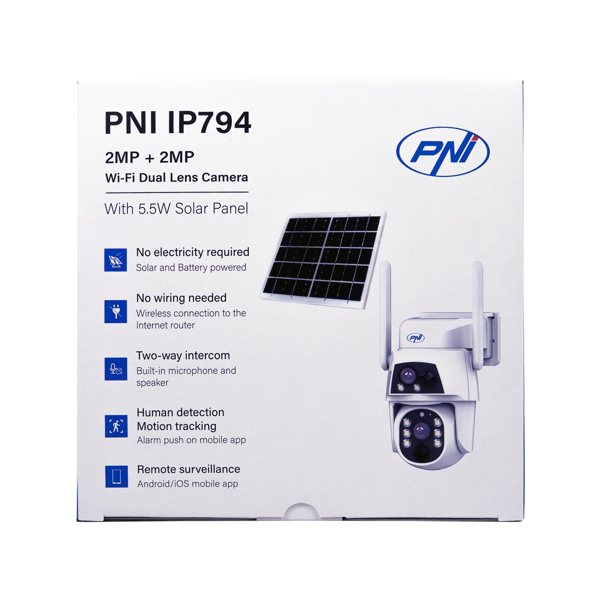 Camera supraveghere video PNI IP794 cu Wi-Fi, PTZ, dual lens 2MP + 2MP, panou solar 5.5W, acumulator bloc 8000mAh